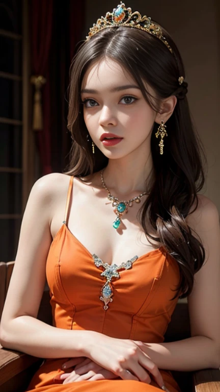 best quality, masterpiece, 1girl, (polka dot dress), orange dress, hair ornament, necklace, (jewellery:1.8), Beautiful face, small breasts, tyndall effect, photorealistic, rim lighting, two tone lighting, (high detailed skin:1.2), dslr, (spreading light:1.5) soft lighting, high quality, volumetric lighting, candid, in the garden, Photograph, high resolution, 4k, 8k, Bokeh,
