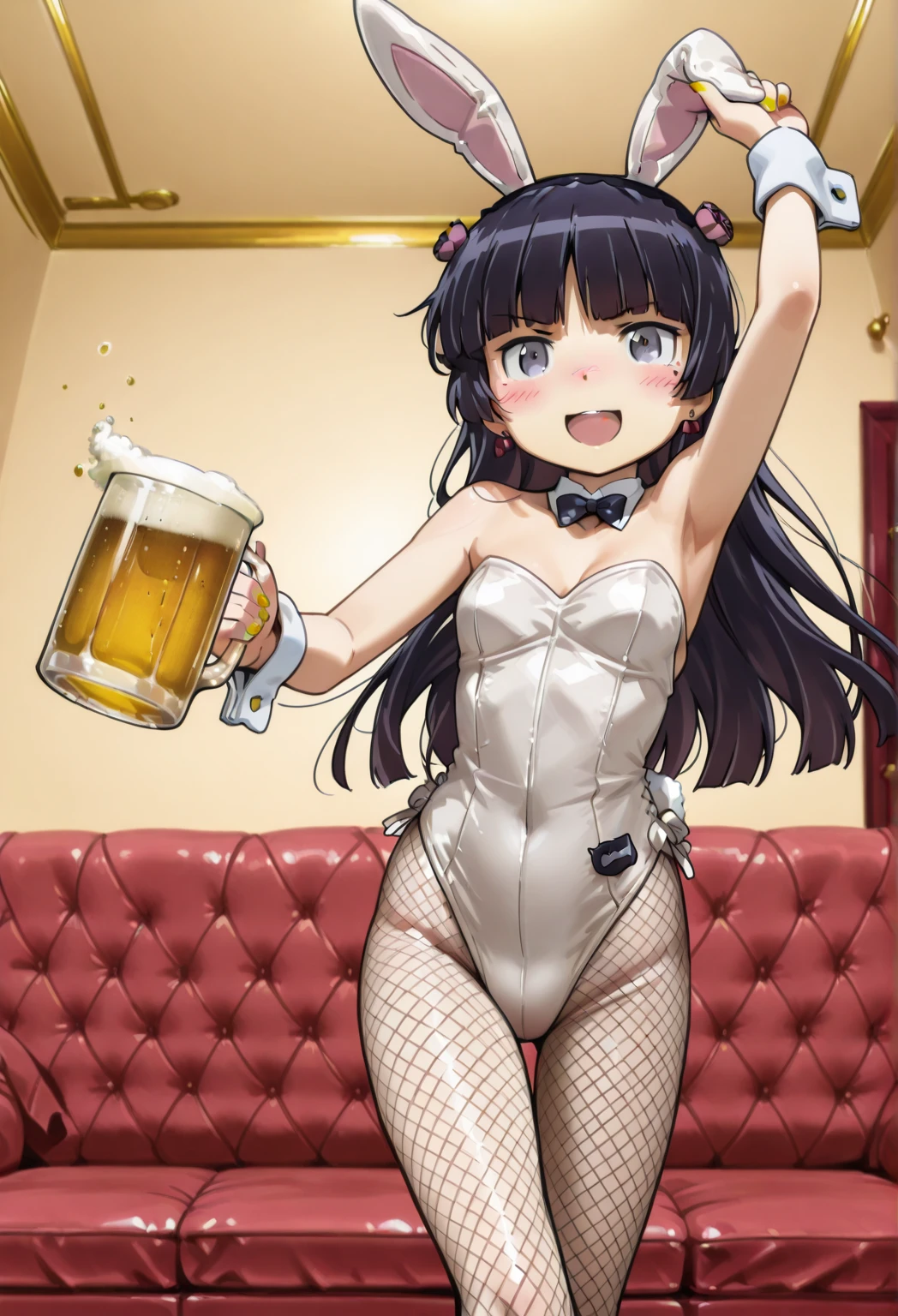 1boy,1woman,mature woman holding boy's penis,handjob,boy standing and woman squatting on floor,woman,black hair,woman focus,tongue out,sweaty,aroused and vulgar smile,bukkake on face,naughty bunny costume,at nightclub,cum,detailed skin,