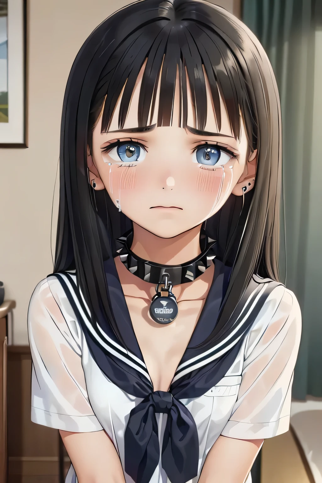 (masterpiece, Best Quality, 8K,Raw photo, High resolution:1.7), (led away, escorted by boy, 1 girl, 1 naked boy, upper body, looking at viewer, arm behind back, shibari:1.5), (a lot of teardrops, Frowning, screaming, crying, sobbing, tearing, tearful, full-face blush, embarrassed, shyness:1.5), (dark background, night, indoor, Closed bedroom, soft indoor light, double bed, stone wall, night view:1.5), (Candid, Sophisticated, Thin arms, Narrow waist, Slim body, slim legs, Slender girl:1.5), (Bokeh:1.7), (flat chest:1.5), Beauty, (school sailor uniform, blue ribbon, short sleeve, pleated skirt, chained slave metal collar with studs:1.5), (straight hair, black hair, black eyes:1.8), (forehead:1.3)