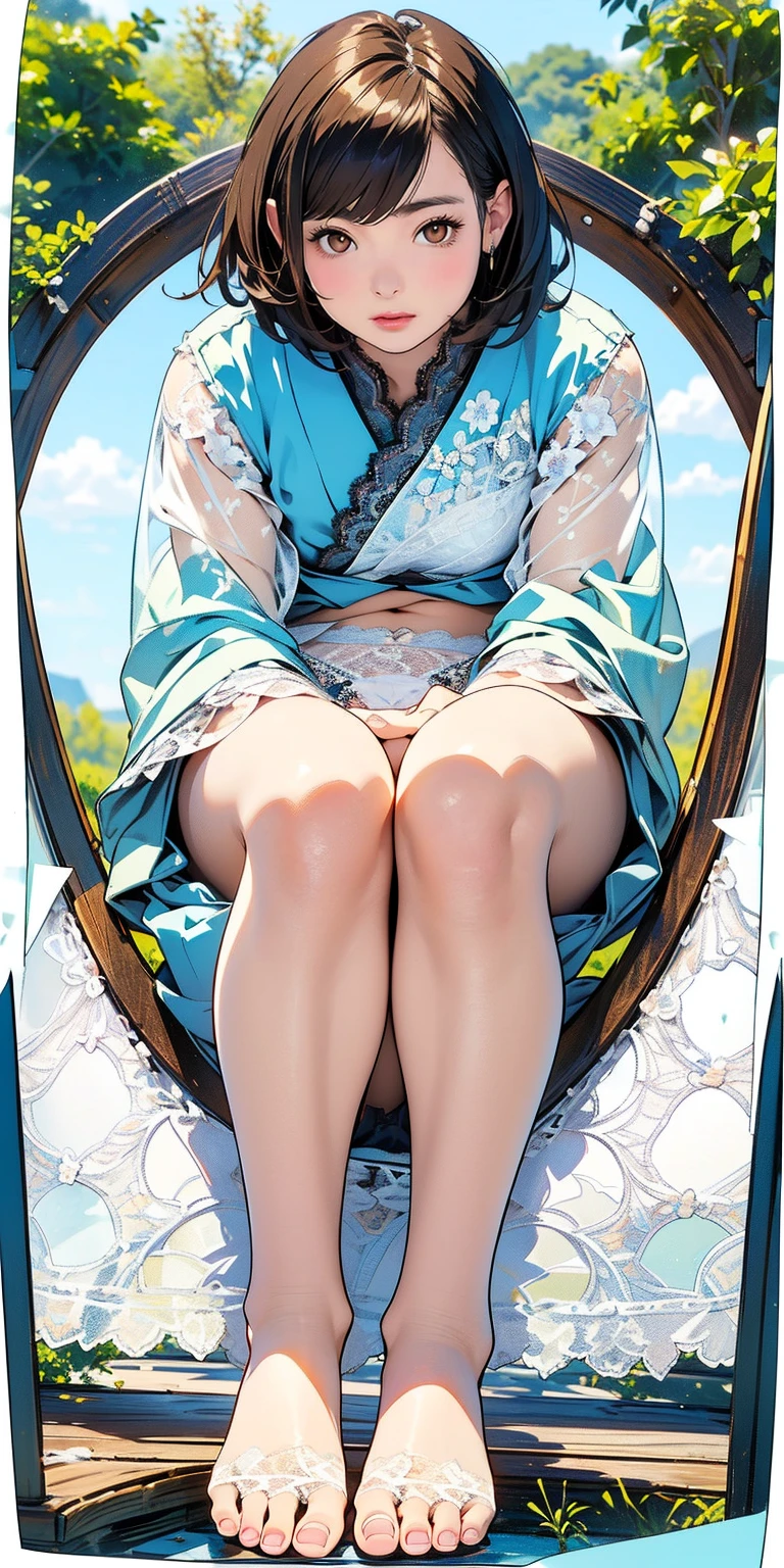 (1girl, solo, alone), (WakatsukiRisa, Sarada Uchiha, black hair, short hair, black eyes, red glasses), ((solo, (1woman, (small bust) pink lipstick, black eyes), Extremely detailed, ambient soft lighting, 4k, perfect eyes, a perfect face, perfect lighting, a 1girl)), ((fitness, muscular, shapely body, athletic body, toned body)) ,((red yukata, blue belt, red kimono, white swimsuit, white bikini, lying on the grass, top to bottom view,))