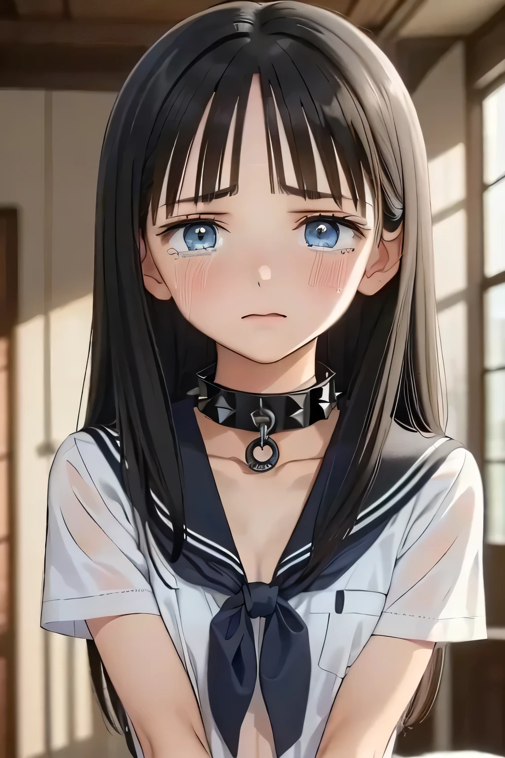 (masterpiece, Best Quality, 8K,Raw photo, High resolution:1.7), (led away, escorted by boy, 1 girl, 1 naked boy, upper body, looking at viewer, arm behind back, shibari:1.5), (a lot of teardrops, Frowning, screaming, crying, sobbing, tearing, tearful, full-face blush, embarrassed, shyness:1.5), (dark background, night, indoor, Closed bedroom, soft indoor light, double bed, stone wall, night view:1.5), (Candid, Sophisticated, Thin arms, Narrow waist, Slim body, slim legs, Slender girl:1.5), (Bokeh:1.7), (flat chest:1.5), Beauty, (school sailor uniform, blue ribbon, short sleeve, pleated skirt, chained slave metal collar with studs:1.5), (straight hair, black hair, black eyes:1.8), (forehead:1.3)