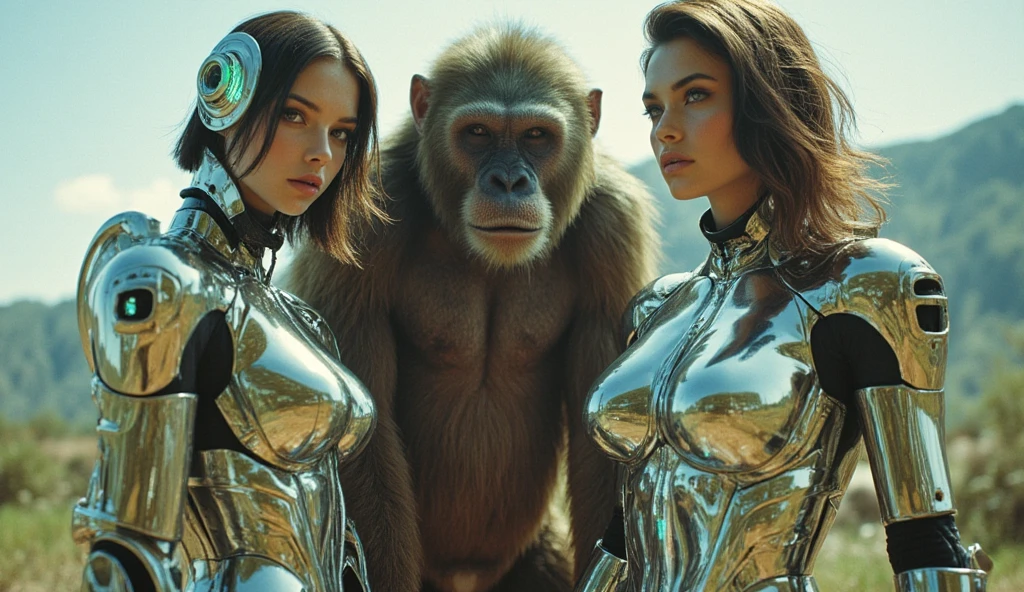 60s sci fi movie Aubrey Plaza (sexy silver space swimsuit, bubble helmet, fancy electronic tools) is being guarded by her brown bear cyborg companion (bubble helmet), alien world