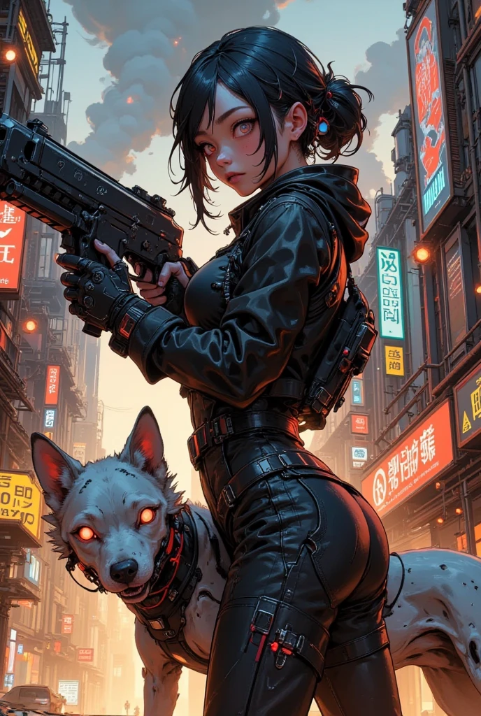 a woman in a short skirt holding a gun and a dog, makoto shinkai ( apex legends ), female protagonist 👀 :8, anime cover, makoto, anime visual of a cute girl, anime cyberpunk art, modern cyberpunk anime, ig studios anime style, anime visual of a young woman, 2 0 2 2 anime style, 2022 anime style