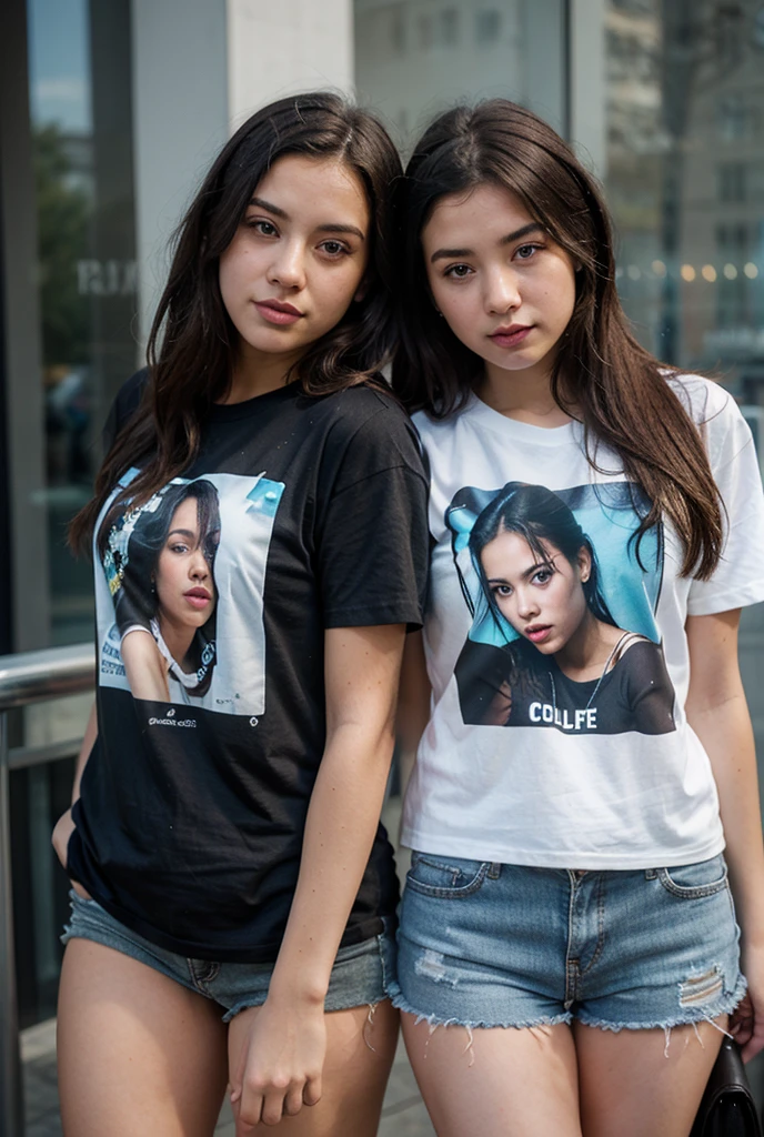 Sexe entre deux femmes brune magnifiques 20 ans , sein petit ,white short sleeve hoodie et short en jean , Réaliste , photographie, bouche ouverte , Regardez le spéciateur , jambe visible , sexey, sensuels , Sexe, se frottent l'une contre l'autre, curly hair