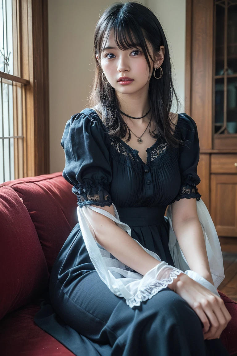 Cowboy Shot、(Updo with bangs)、straggling hair、Black Hair、(Hanging Hair)、((widow))、((mourning dress))、((((Black long sleeve mourning clothes))))、(((Funeral場)))、((((Funeral))))、Black formal wear、Highest quality,(RAW Photos:1.2)、(Realistic:1.4),(High resolution:1.4), 1 Girl, Written boundary depth,, Exquisitely crafted,8K, Very detailed, Perfect lighting, Spectacular Background、((Delicate painting)),(女の子の詳細なRAW Photos),(Highest quality:1.6), (超High resolution:1.5), (Realistic:1.75), 8K resolution, Canon EOS R5, 50mm, Very detailedな,Cinema Lighting,Correct finger、sit、((Spread your legs))、((((Skirt flip))))、Ultra Sexy Panties、Pearl Necklace、Pearl Earrings、(Clothing that covers the chest)、((There is a coffin))、((Minimally revealing clothing))、(The altar is decorated with a bouquet of chrysanthemums..)、candlestick、