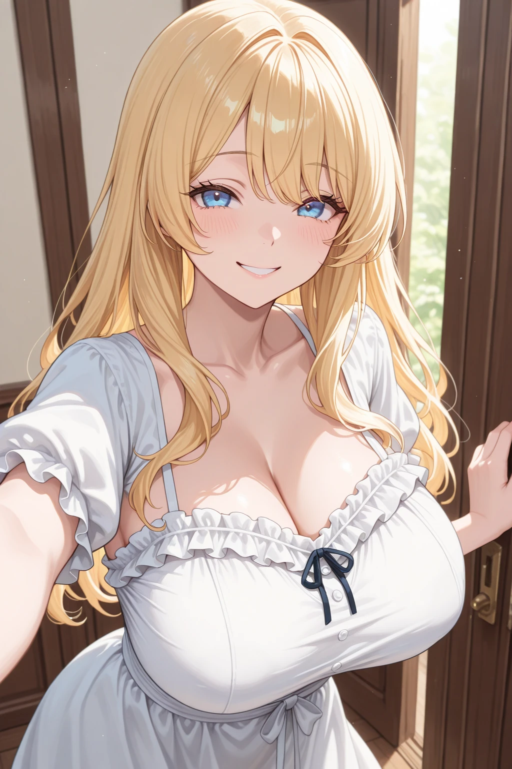 (Best quality:1.3), blonde twintails, large breasts, off shoulder shirt, cleavage, smiling, (pov, close shot)