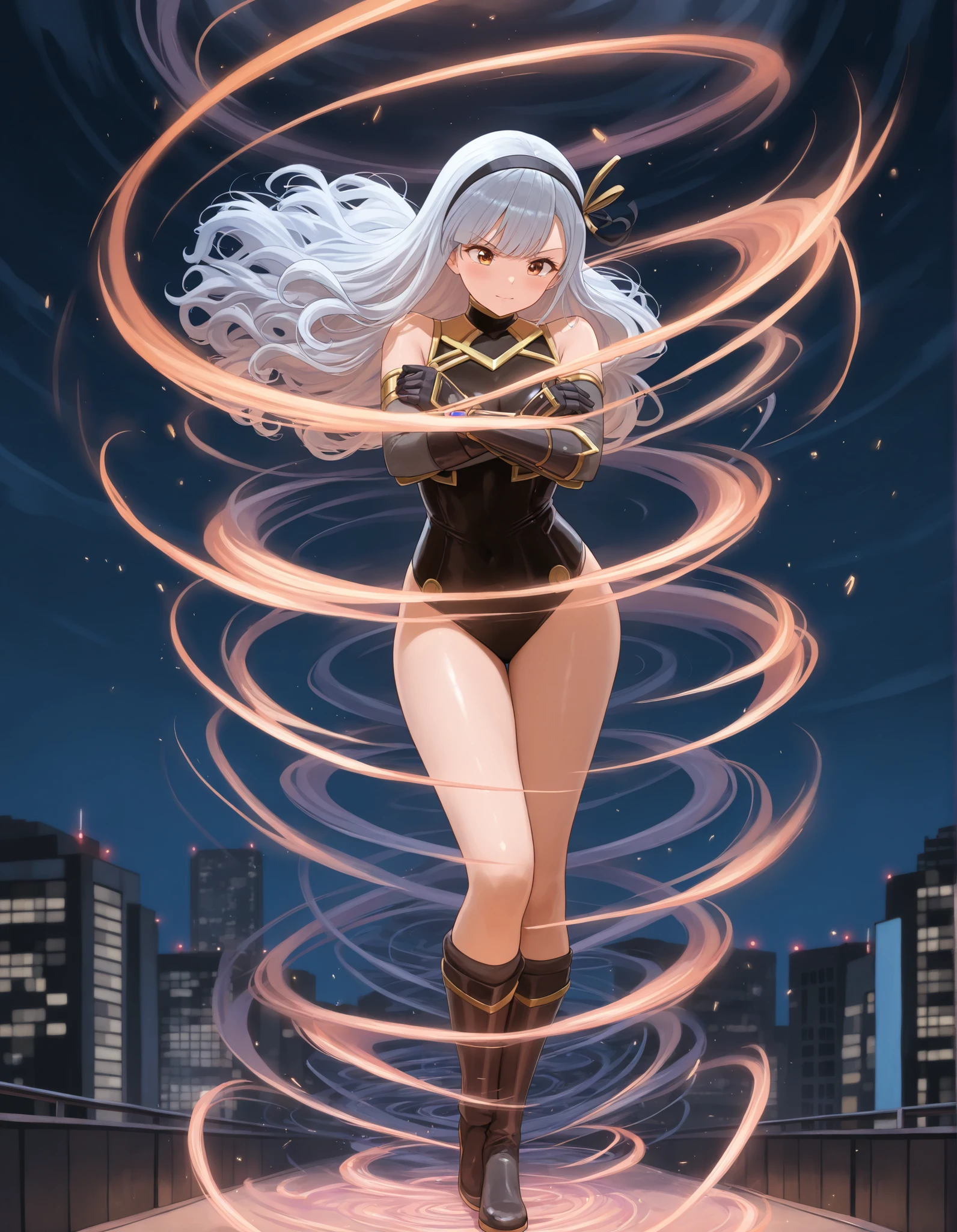 masterpiece, best quality, 1girl, grey hair, shoulder length hair, wavy hair, black hairband, auburn eyes, beautiful detailed eyes, beautiful detailed face, cute face, stoic, professional, ninja, black leotard, black tactical gloves, bare legs, gold bracelets, black thigh-high boots, cityscape, night, noir atmosphere. (back view, rear view), spins in place like a (tornado), spins like a tornado, (she spins) at an incredible speed, creating a whirlwind of air around her, spiral lines around, cyclone winds around, tornado spinning.