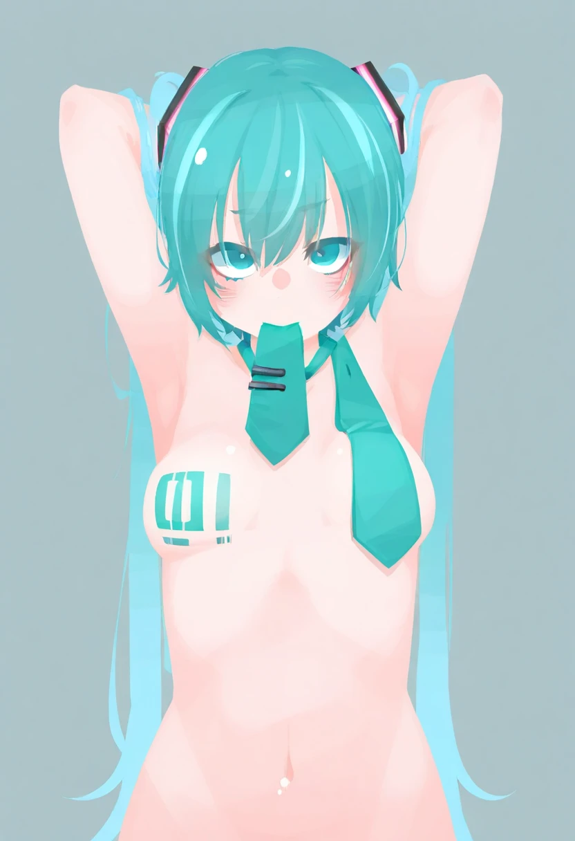 hatsune_miku commentary_request highres paid_reward_available 1girl 1other arms_behind_back black_sleeves blue_eyes blue_hair blush breasts bright_pupils brown_collar clenched_teeth collar detached_sleeves disembodied_hand hair_between_eyes hair_ornament light_blue_hair long_hair looking_at_viewer medium_breasts navel nipple_stimulation nipple_tweak nipples nose_blush number_tattoo simple_background sweat tattoo tearing_up teeth topless twintails upper_body white_background white_pupils