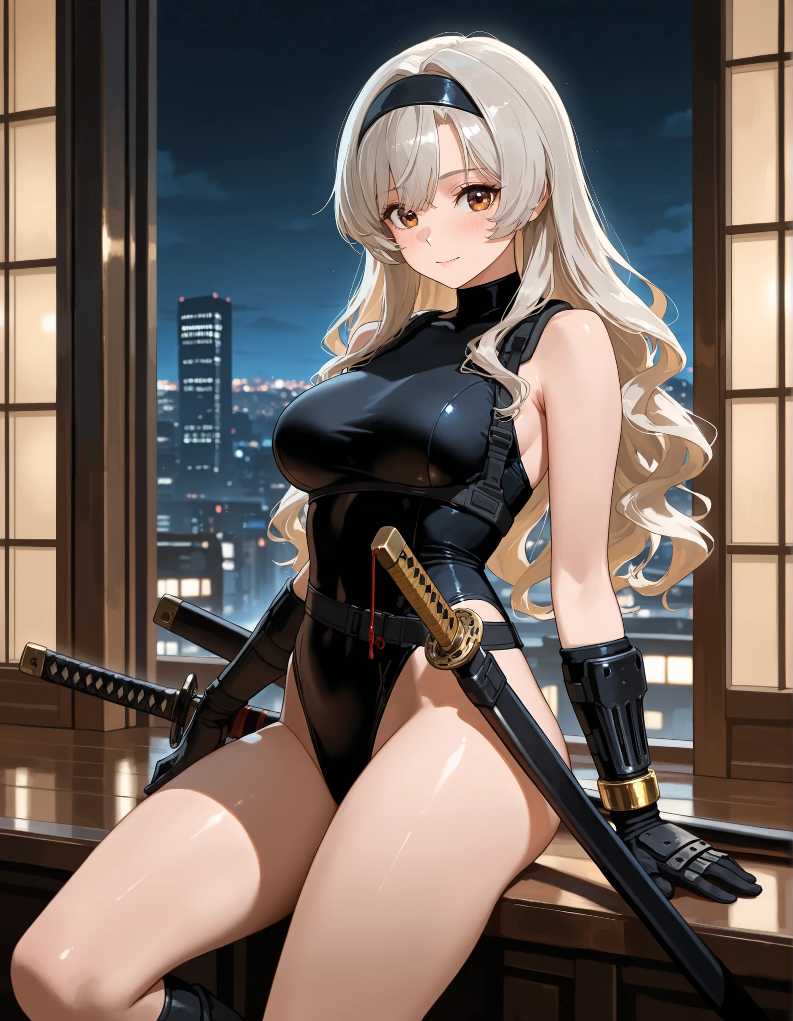 (masterpiece), (best quality), (hires), professional, 1girl, grey hair, shoulder length hair, wavy hair, black hairband, auburn eyes, beautiful detailed eyes, beautiful detailed face, cute face, stoic, professional, ninja, black leotard, black tactical gloves, bare legs, gold bracelets, black thigh-high boots, (using katana blade, sheath), cityscape, night, noir atmosphere.