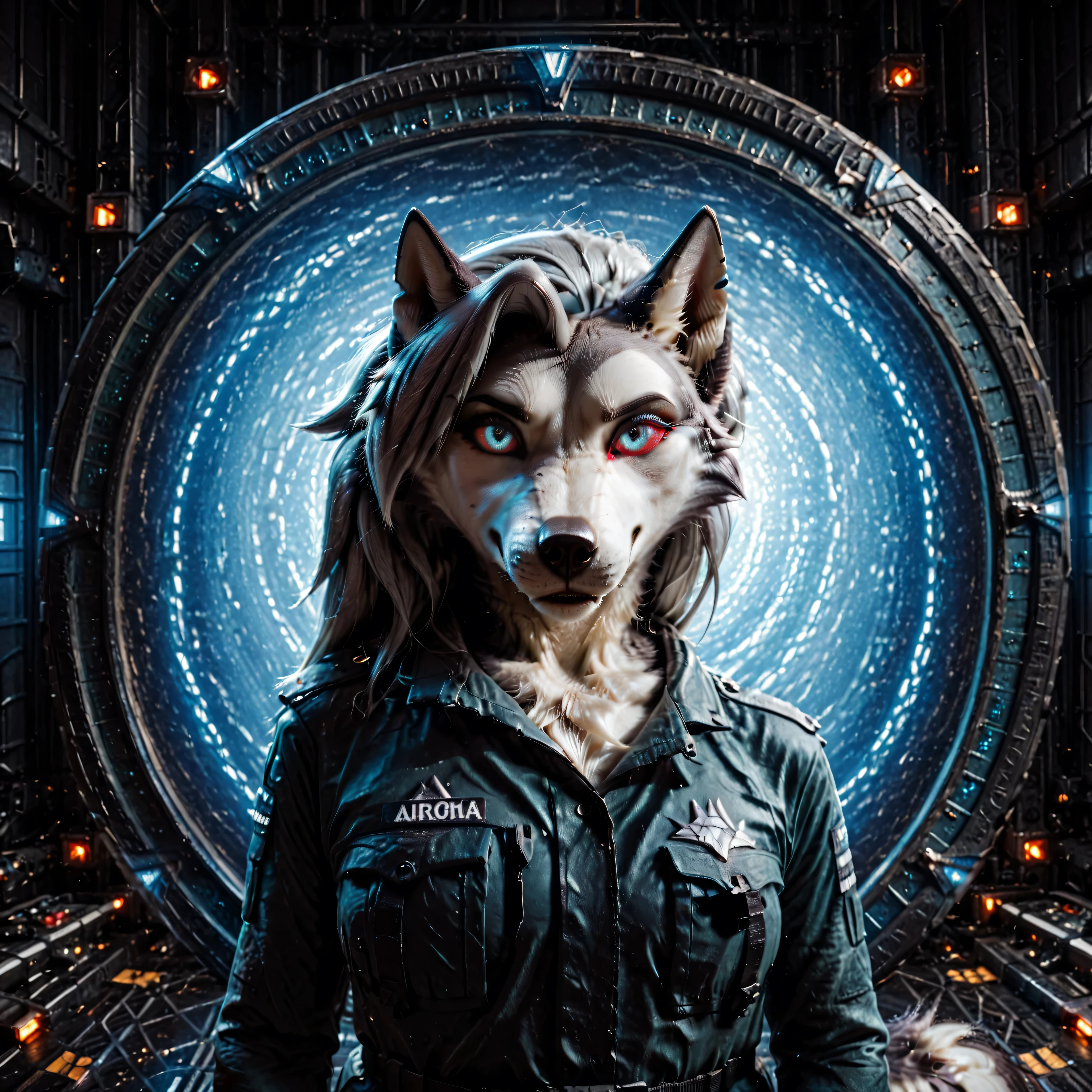 Loona, furry, realistic, fluffy tail, solo, dressed in tactical military jumpsuit, large technical room with Stargate on background, glowing bright blue surface inside the Stargate that looks like a swaying liquid, ((closed mouth)), front view, mid-range shot, ultrahigh details, ultra-realistic photo, two-tone fur, gray fur, anthro, wolf girl, animal nose, wolf tail, red sclera, white iris, canine teeth, bangs, absurd res, detailed skin, detailed hair, extremely detailed, sharp focus, sharp details, 8k, scenery, reflection, dark theme,