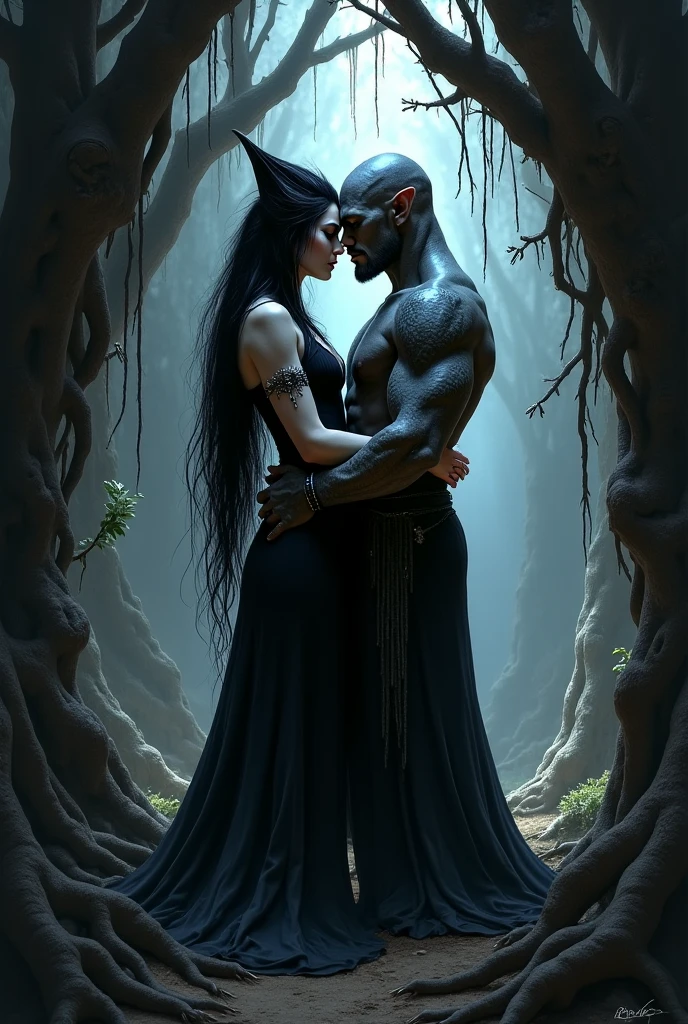 a black long-haired,gray-skinned,green-eyed,black drees,horned girl.
He is a muscular guy with black  hair,brown skin,yellow eyes,beardless,and black gold long necked robe.
