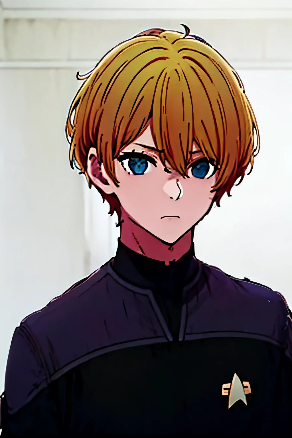 masterpiece, best quality, high quality, 1boy, solo, male focus, looking at viewer, upper body, hoshino_aquamarine, star-shaped_pupils, ds9st yellow and black uniform,ds9st operations, deadpan annoyed still eyes blank eyes 