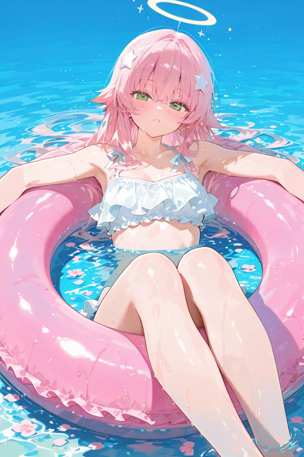 Full Body Shot、Semi-long hair、Pink Hair、Pale blue eyes、、Swimsuit、pool、Medium breast、、whole body、stick out your butt