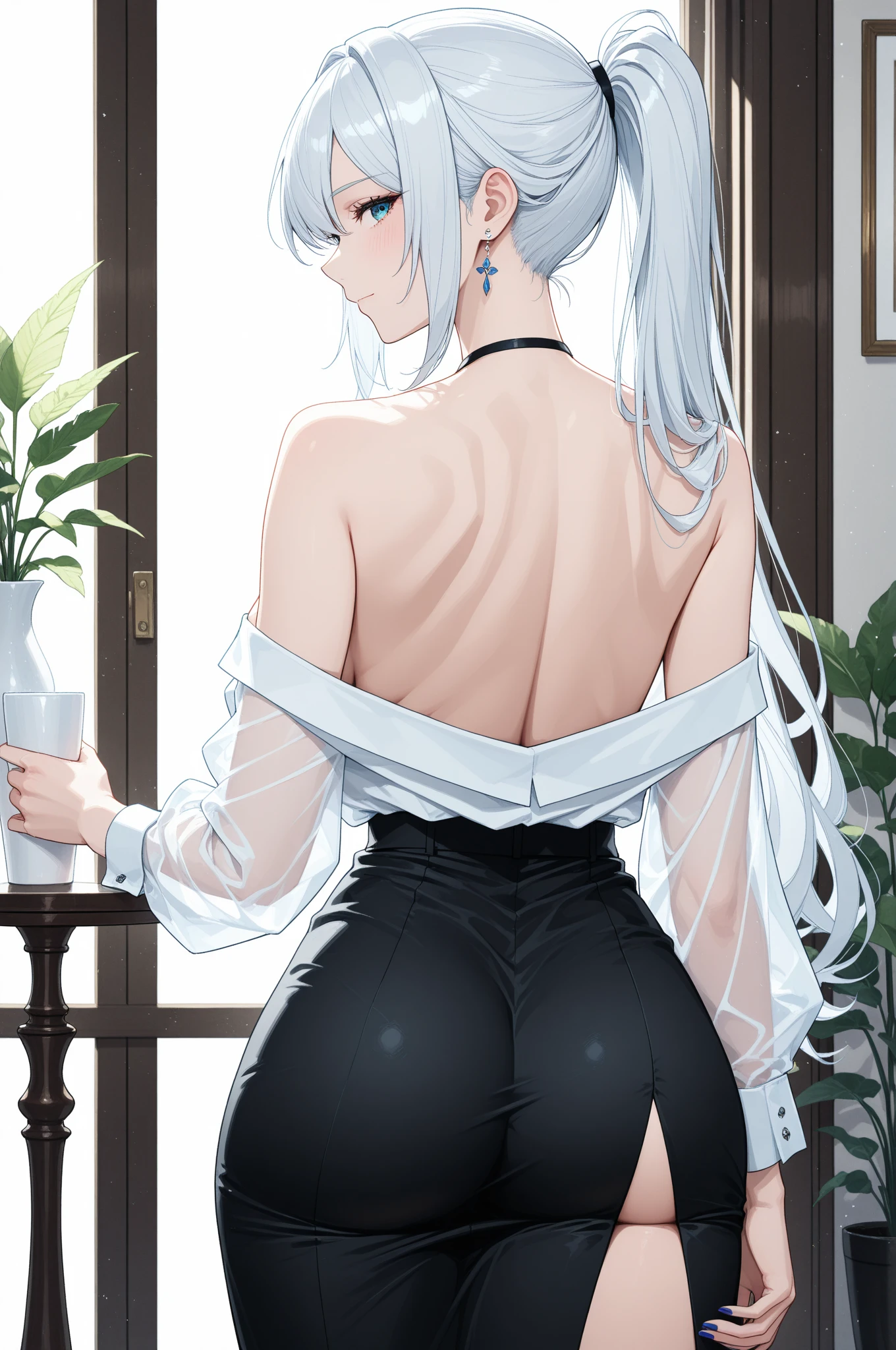 Masterpiece, Beautiful art, professional artist, 8k, art style by sciamano240, rostro de Bronya Zaychik, detailed body, Very detailed face, very detailed eyes, Detailed clothing, detailed fabric, Best Quality, better resolution, 1 girl, view from behind, perfect ass, standing, big breasts, serious expression, at night , silver hair, glasses, choker:1.6, (long sleeve white collar buttoned shirt), (shiny black corset), black gloves covering your hands, (shiny black leggings), looking at the viewer, elegant room, at night