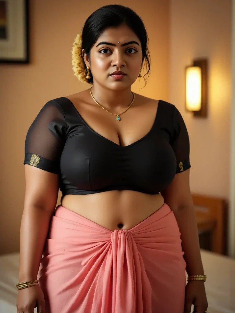 arafed woman in a pink sari, looks like Sandeepa Dhar, thick figure, curvy, traditional beauty, hindu aesthetic, assamese aesthetic, traditional makeup, indian goddess, indian girl with brown skin, wearing bihu dress mekhela sador, indian style, indian, gorgeous woman, south east asian with round face, a stunning portrait of a goddess, beautiful himalayan woman