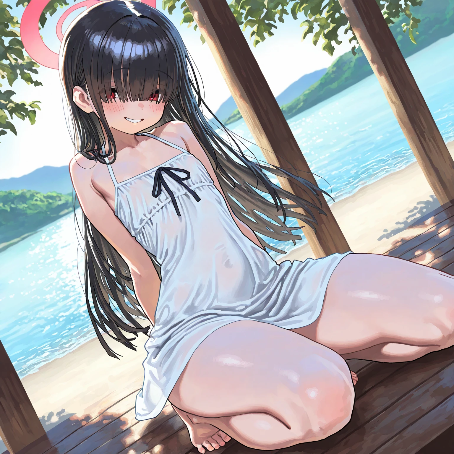 (masterpiece), Highest quality, One Girl, girl, cute, Flat Chest, Black Hair, Very long hair, She is looking towards the viewer, She is wearing a bright red leather collar., A lead extends from the collar, The lead is in the man's hand.,
She is wearing a white mini dress, Pure white clothes, white dress, Clothes without collars, The dress is sleeveless, exposing her bare shoulders and collarbones., The material of her clothes is very thin, The dress is see-through, The naked body is clearly visible, Erect nipples, Nipples are visible, Almost naked,
Not wearing a skirt, Not wearing a bra, Not wearing panties, The hem of the dress is very short, The lower half is naked, She is exposing her waist, her belly button is visible, her pussy is visible, She purposely shows off her pussy, The crotch line is visible through the fabric, she has no pubic hair, Show me that you don't have pubic hair.,
She stands with her legs spread, Open your knees, Wearing a straw hat, She is barefoot and wearing sandals,
Outdoor, She is standing in the city, There's a big road behind her, Many passersby are walking, Very shy, blush, Being mindful of the surroundings, Handbags,