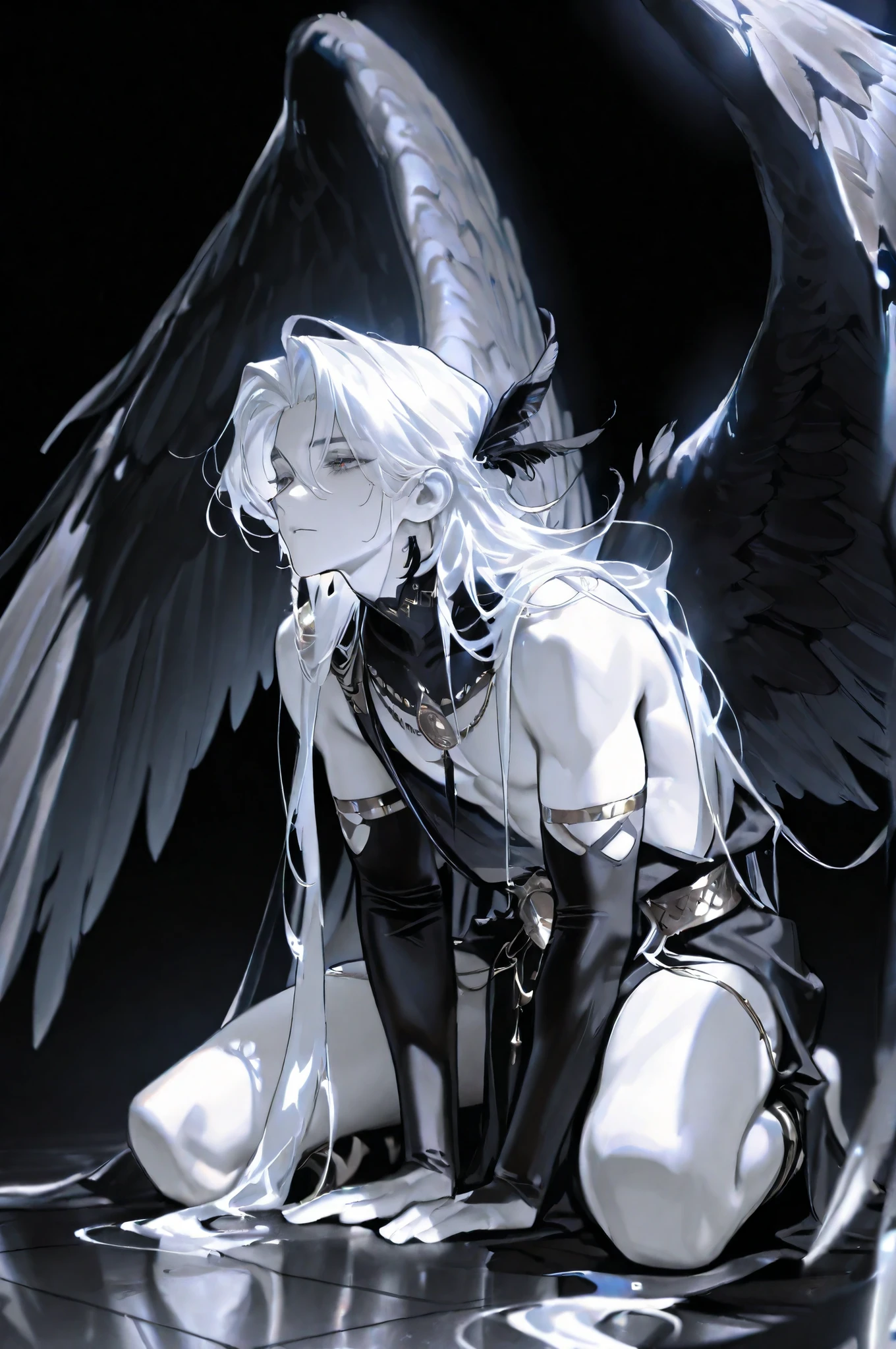Handsome handsome boy, attractive, Man over 20 years old, alone, masterpiece, Premium , fine eyes, twinkling stardust dissipation, Ancient Angels，huge wings(with wings inlaid with diamonds next to feathers)， black theme ,Kneeling on the floor