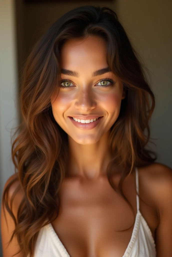 beautiful young woman, average quality Twenty-seven-year-old woman. Short stature and thin body, with curves in the right places. wide, color chocolate, curly. heart shaped face, small pretty nose with freckles, big hazel eyes and long, bushy eyelashes. Has separated incisor teeth, but that only increases the attractiveness of his kissable lips. full body image. Spanish. madrid.