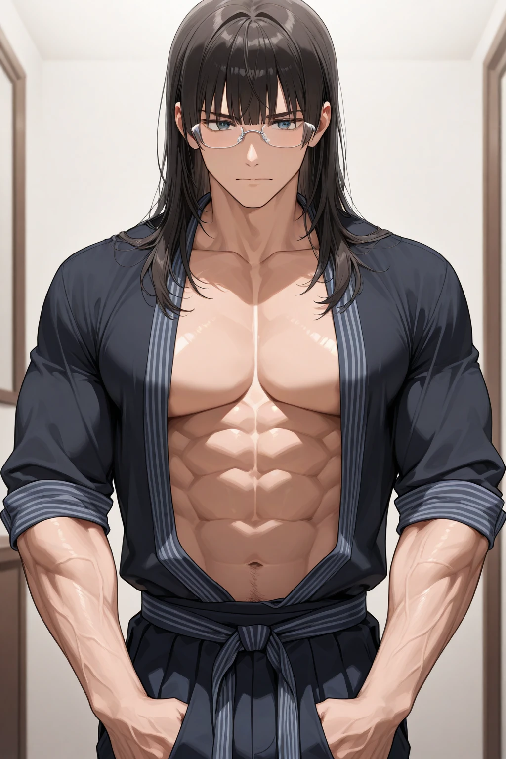 Male, black hair, hair parted in the middle, a scar on the right cheek, brown eyes, no shirt, muscular, large chest Wear glasses
