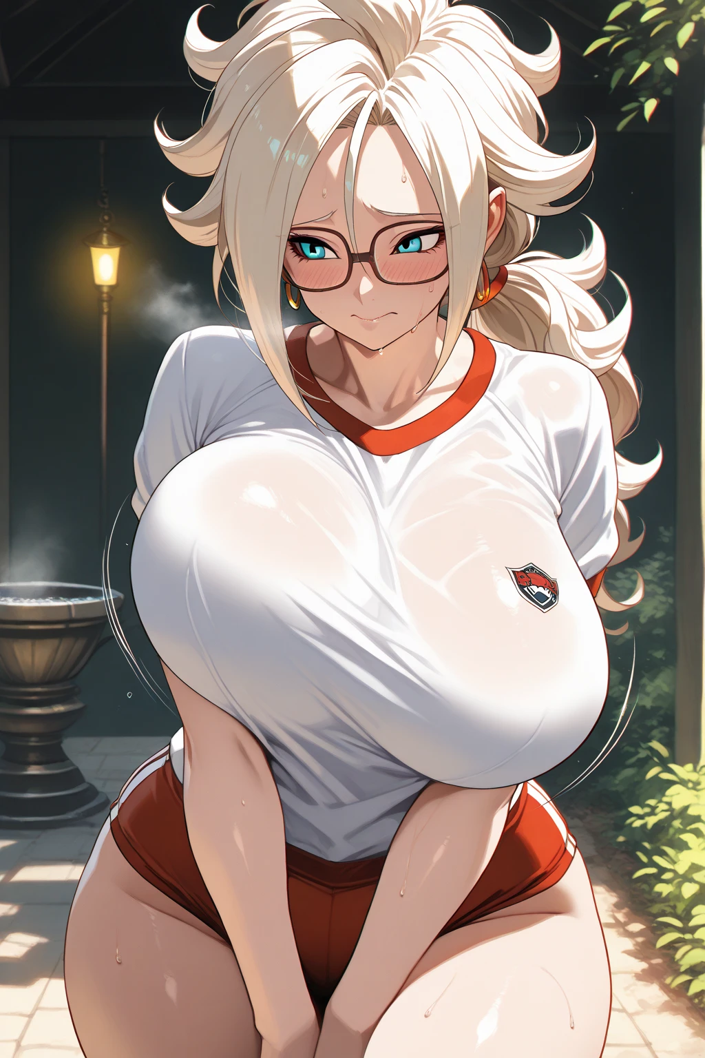 Chica anime con tetas realmente grandes que usa una bata de enfermera con botones, but all the buttons are undone showing her really big tits and nipples.