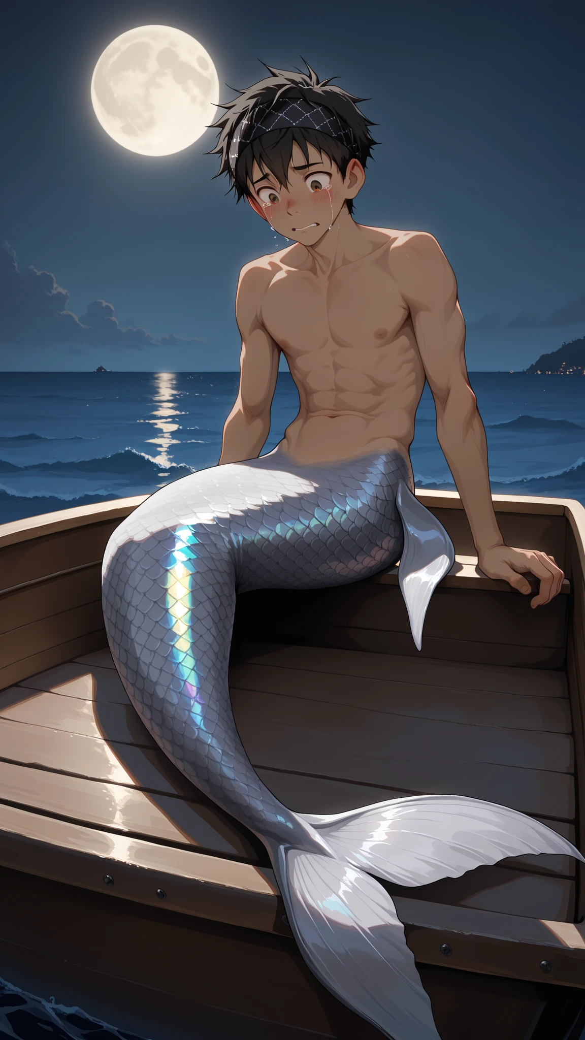 Handsome realistic young Nordic merman alone