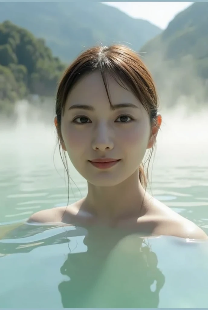 (in 8K)、(Top image quality:1.2)、(reallistic)、(Photorealsitic:1.37)、The ultra -The high-definition、1girll、a closed mouth、Beautiful details、Beautiful nose in every detail、The highest image quality、Exceptional detail、超A high resolution、Beautiful skin、1girl、delicate and beautiful face、The long-haired、dishevled hair、perspiring、wetted skin、japanese onsen、Get your shoulders out of the hot water、Pleasant happiness、Wrap your whole body tightly with a bath towel.、爆乳、red blush、cleavage of the breast、((steam:1.10),Bathe in natural hot springs、(Beautiful mountains々Against the backdrop of nature、autumnal)、