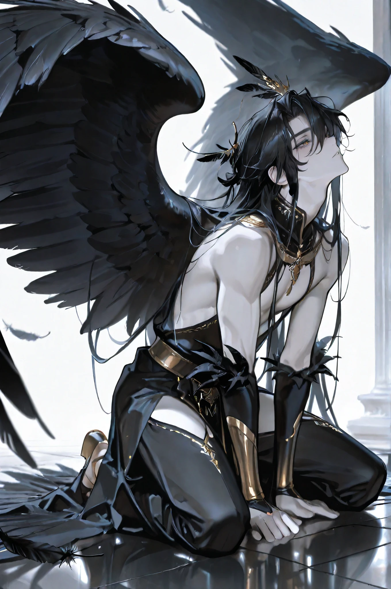 Handsome handsome boy, attractive, Man over 20 years old, alone, masterpiece, Premium , fine eyes, twinkling stardust dissipation, Ancient Angels，huge wings(with wings inlaid with diamonds next to feathers)， black theme ,Kneeling on the floor