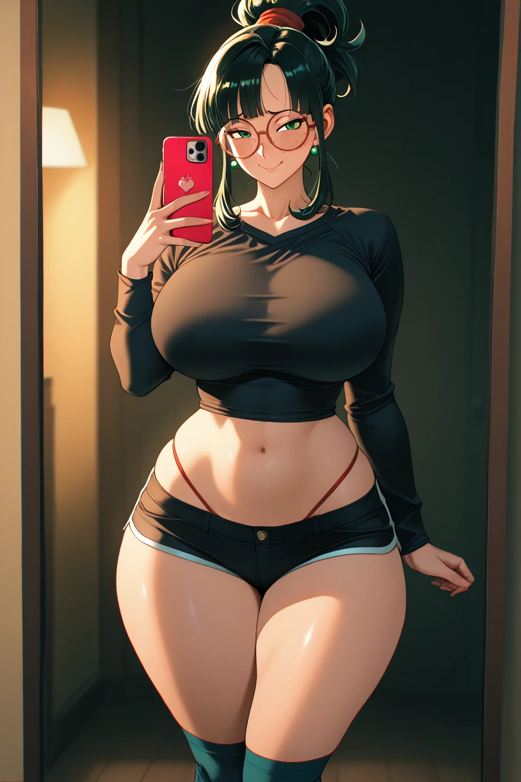 chubby girl taking a photo in the mirror, wearing glasses, very pale skin, very thin waist and insanely wide hips, thick legs, black hair with a bun, gigantic breasts, colossal and saggy breasts, wearing a tight tank top with a giant neckline, wearing tight jeans