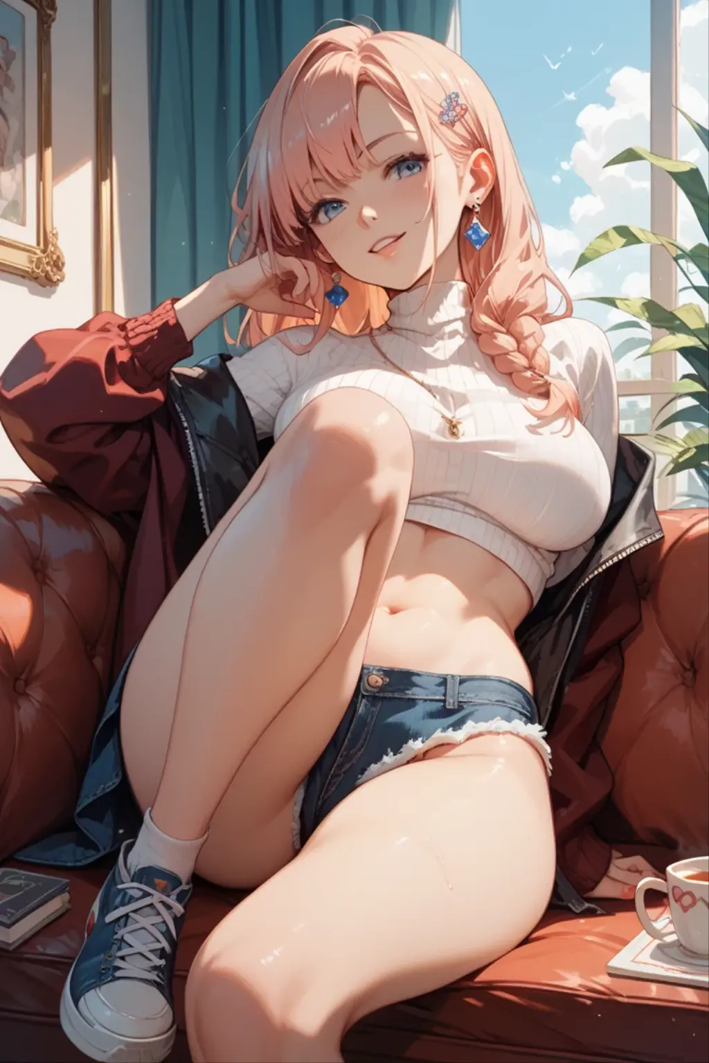 ((Best Quality)), ((Masterpiece)), (detailed), 1 girl, attractive woman with a sterilized body sitting in a platter off-the-shoulder sweater and a denim skirt and black high boots, with pink hair above her shoulders