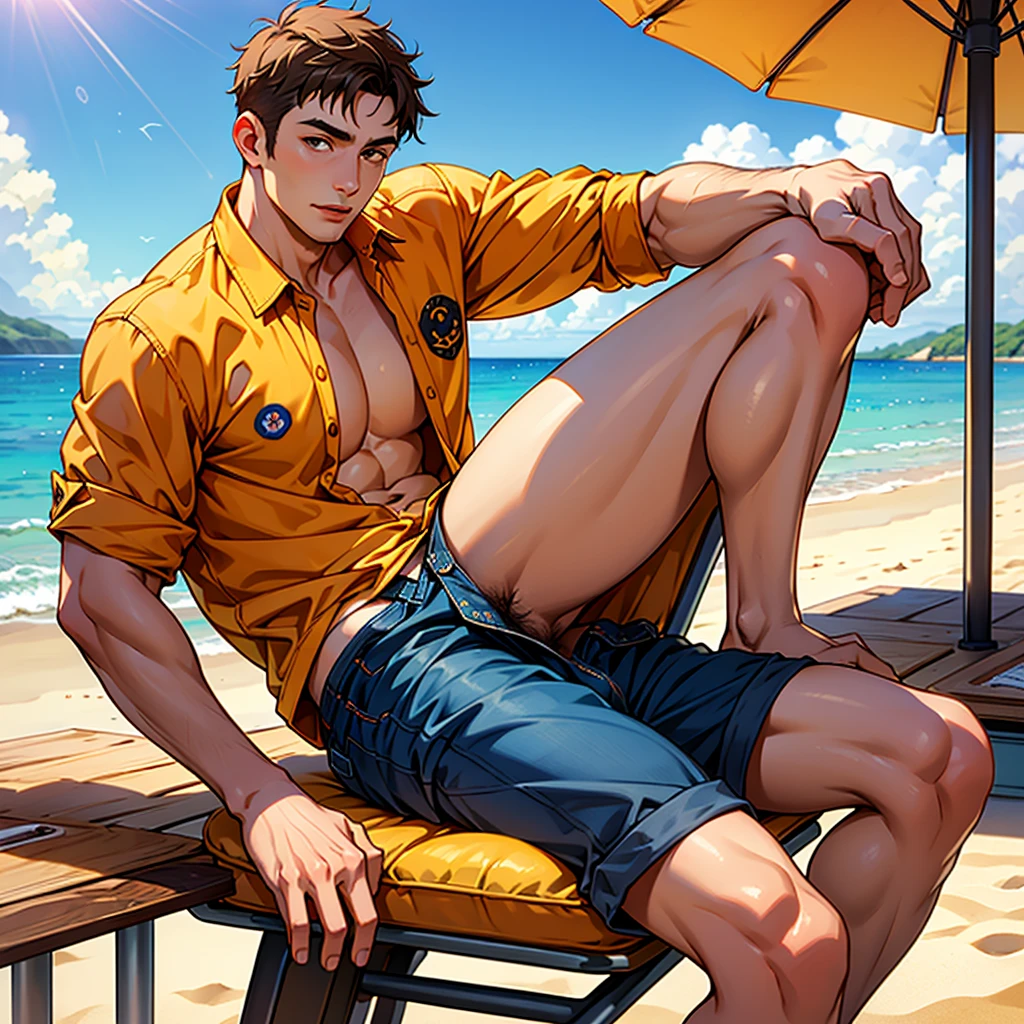 1 male, high resolution 8k, adult, handsome, perfect face detail, detailed eyes and face, clean shaved, sixpack realistic, white eyebrow hair, white eyelashes, dynamic lighting, unreal engine, hd picture, satoru gojo, Jujutsu kaisen, white hair, short hair ,hair between eyes ,blue eyes, white skin, trunks, Hold the orange juice drink, Sunglasses