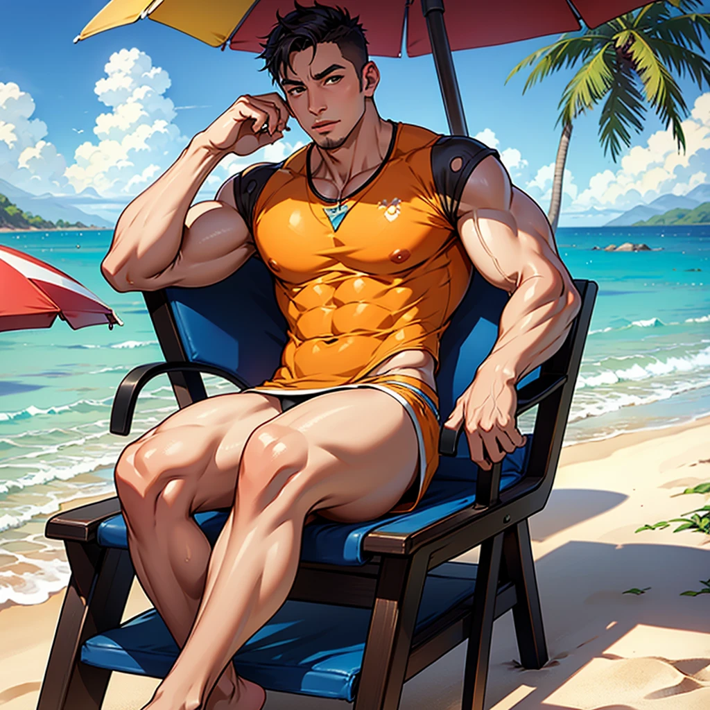 yoru valorant, spiky hair, shirtless, fully shirtless, wearing sunglasses, beach background, sitting, drinking water