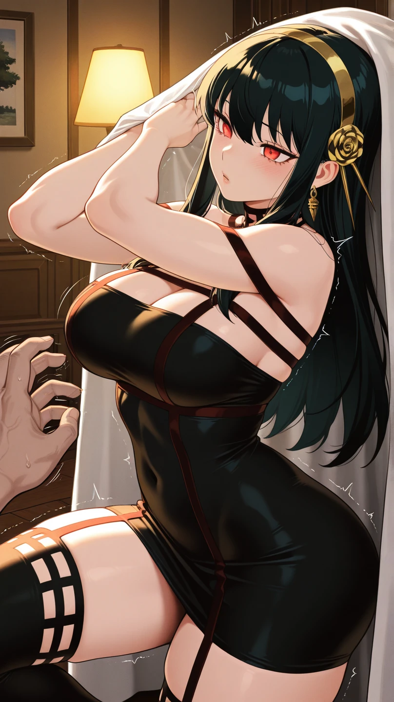 1 girl, detailed eyes, detailed beautiful face, Long black hair, body long hair, improvisierter Knebel, (Klebebandknebel:1.5), GEKNEBELT, Klebeband, festgebunden, Arms behind the back, gefesselte Arme, schwarzer Bikini, (blushing:1.2), Tape gag, sitting on a comfortable armchair, sitting in a bedroom with a window, beach in the background, (big boobs:1.2), shy, Looking at the viewer
