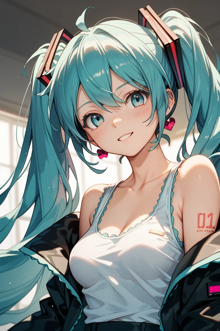 hatsune miku, pijama, cat ears, smiling, kneling, big tits