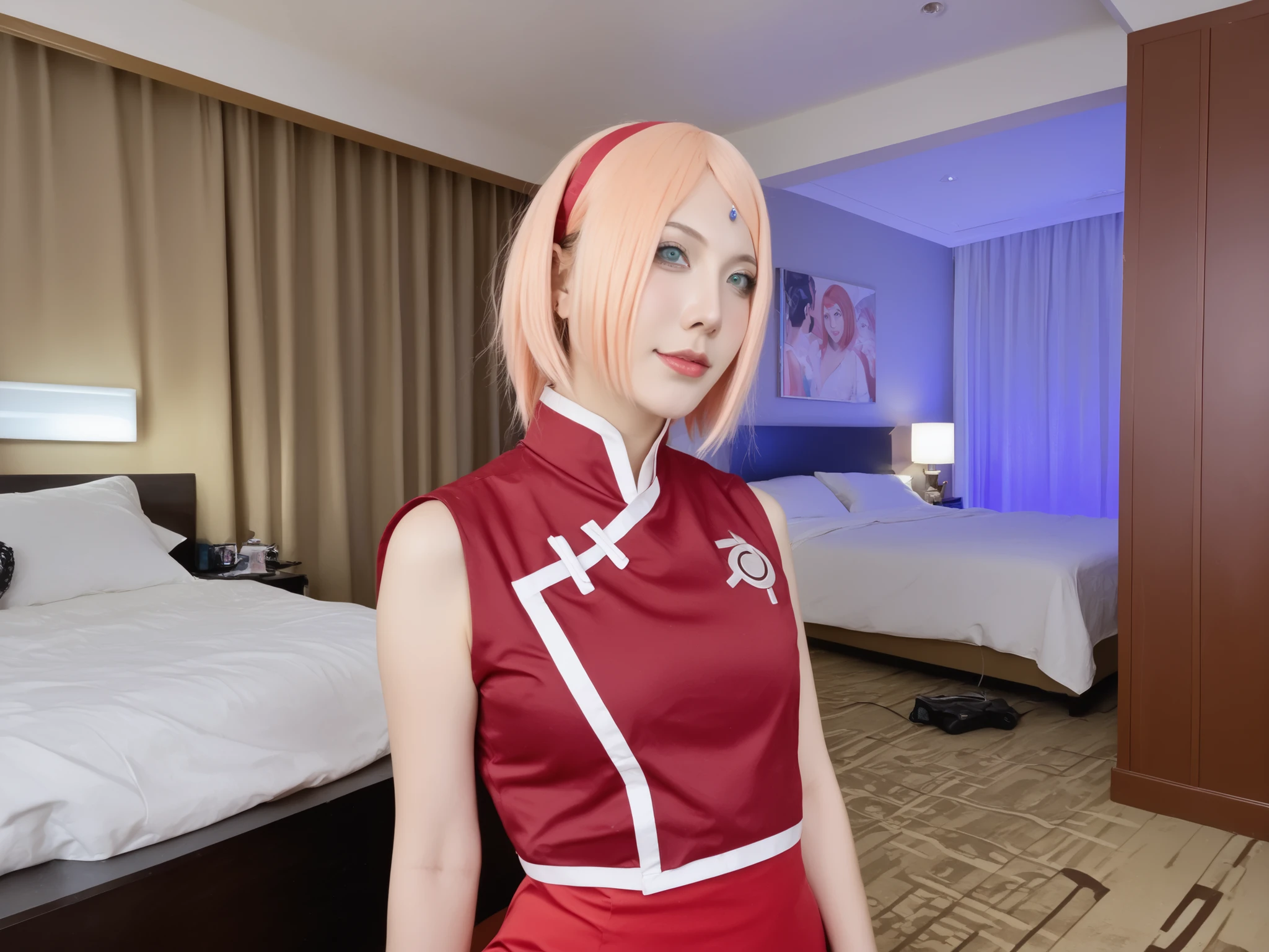 Mulher cosplayer, 18 anos, cosplayer de Haruno Sakura - Naruto , seu grande seio nu, sem roupas, nu completo, seios pequenos , She is in a hotel room, pele real,textura da pele,detailed facial features, sardas,Ance