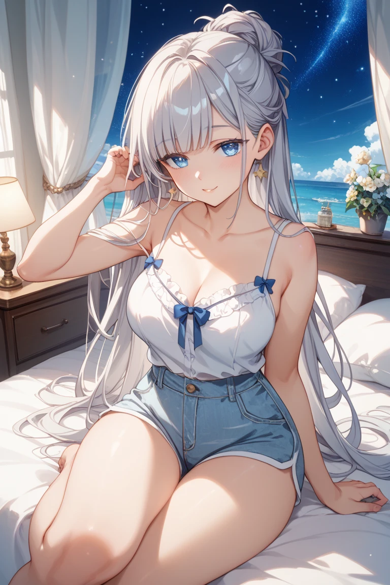 (masterpiece:1.4、top-quality、illustration:,realistic、)、(character focus、,full body:1.3)、(1girl),(clear face:1.3),(exact limbs:1.4),cute face,blue eyes、(tareme:1.3)、((sitting legs up:1.5),
(),(sitting,lean against the wall:1.4),、
(white hair),(long hair:1.5)、
,(her room:1.3),（loose Room wear,panties:1.5),
(blunt bangs),(sidelocks:1.3), (small breasts:1.2)、
、slender、