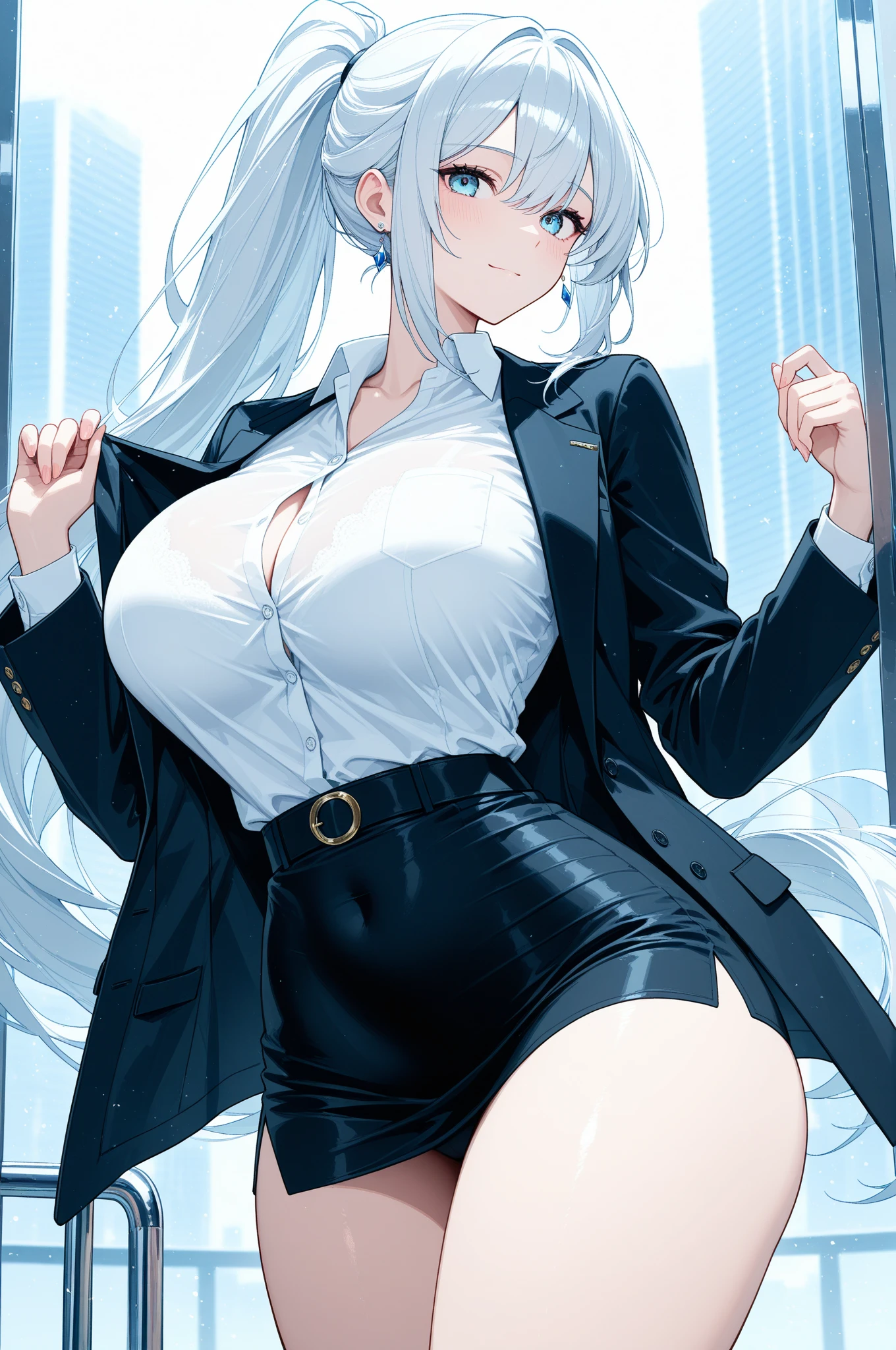 1girl, silver colored double massive braids, blue eyes, big breasts, big butt, thick thighs, tight white crop top which exposes her midriff with an unbuttoned black formal suit, very short black tennis skirt which is pulled down to hide her private parts but exposes her ass crack, black transparent socks, leather shoes, no bra, no panties, due to her suit being unbuttoned, her crop top and belly is exposed. 
