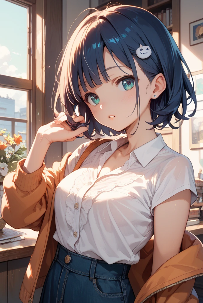Masterpiece, Best quality, A group of firefighters,Facing 1 girl,with short black hair,White complexion、White T blue jeans,Realisticstyle,In a shabby room,The light shone on the frightened side face of the girl;