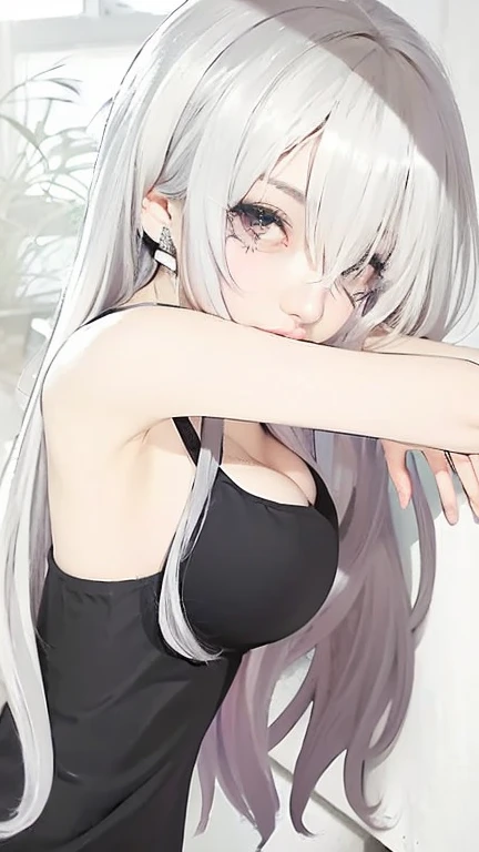 Anime girl with white hair and cat ears, ruby eyes, shy, blush, medium breast, bare legs, shoulders, dress, side view, high contrast, soft light, master piece, extraordinary nice