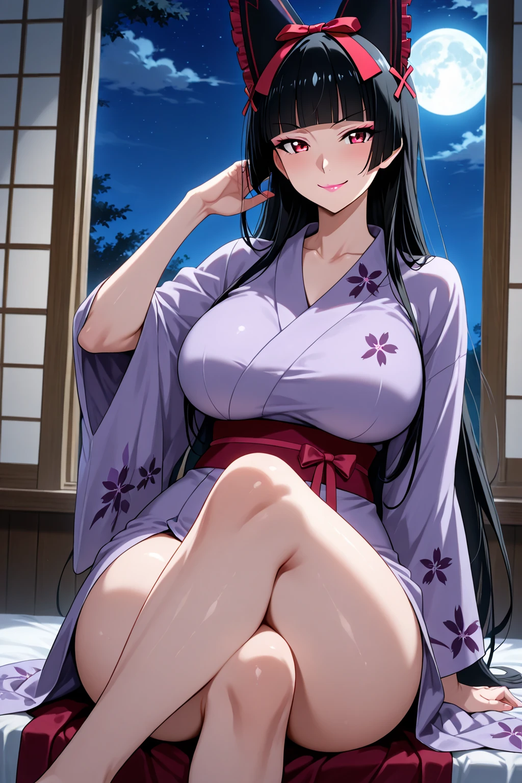 Utahime has long blackish-purple hair that extends down her back, with some strands tied behind her head, thin eyebrows, brown eyes and a scar on the right side of her face that crosses the bridge of her nose. She is slender ,Utahime wears a traditional miko outfit (consisting of a white kosode and red umanori-styled hakama pants), big breasts, cleavage