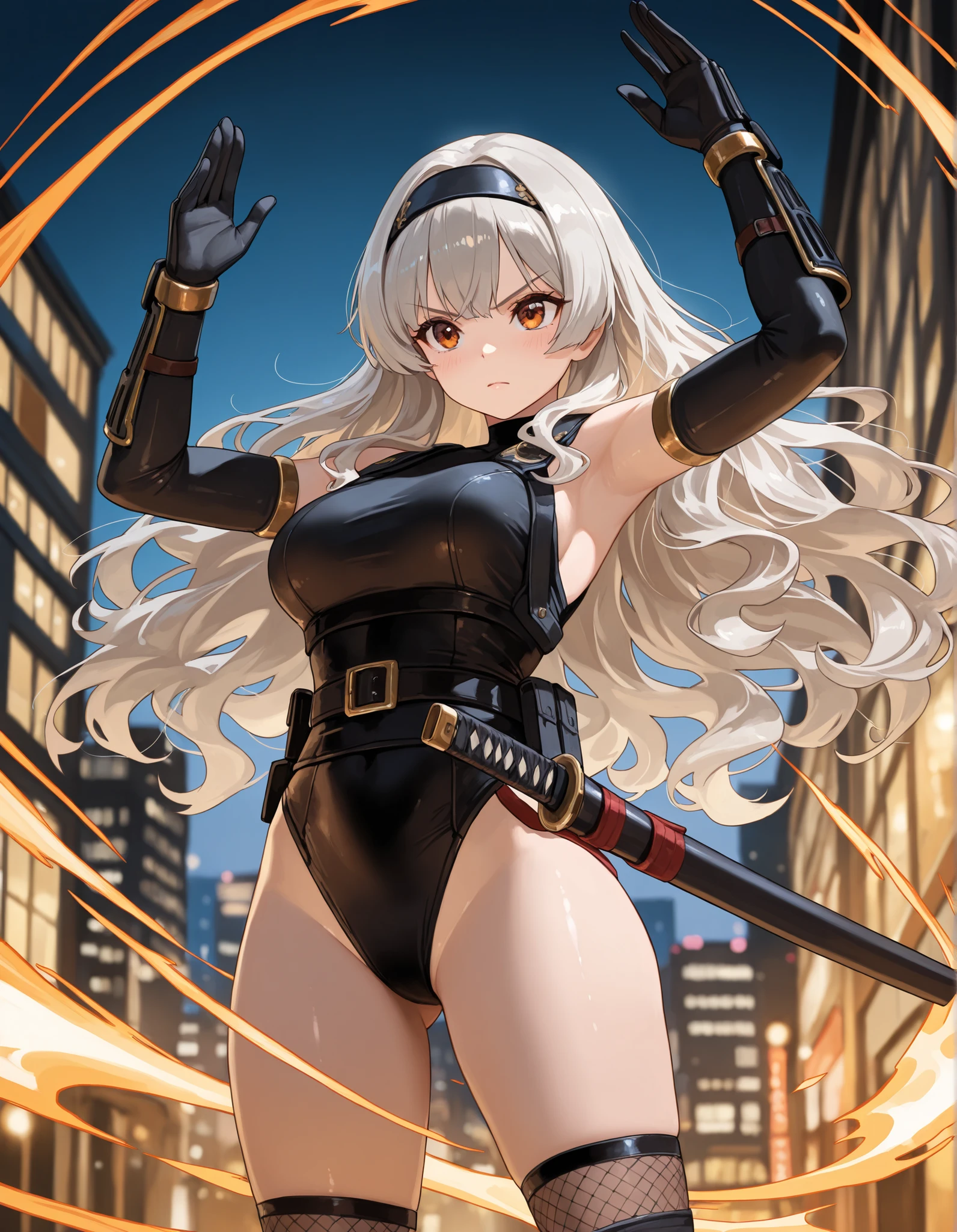ultra-detailed, Explicit, Beautiful body, Beautiful Nose, Beautiful character design, perfect eyes, perfect face, ultra highres, 4K, beautiful legs, perfect legs, Nice hands, Perfect hand, Masterpiece, Best Quality, Highly detailed, illustration, absurdres, perfect anatomy, street fighter, doll suit, shadaloo doll, dollsuit, expressionless, blank eyes, looking at viewer, red gloves, emotionless, black latex, corrution, mind control, female combatant, full body, hypnotized, unhappy trance, full body suit, ribbed bodysuit, both arms at side, obey, perfect female body, extremely glossy latex, hypnosis, hypnoLora, empty eyes, Mind control device, poses, submissive_pose, Slave, standing straight, standing, standing at attention, hat, necktie, belt, latex, ribbed bodysuit, thighhighs, garter belt, Fighting Stance, extending the right arm from the shoulder into the air with a straightened hand, military, thigh boots, black pantyhose, (((pixel-perfect, detail-perfect))), solo, 1girl, hair ornaments, long hair, white hair, hair ribbon, yellow eyes, Gaia, Girls Frontline, low twin tails, huge breast, rainy, rainy background