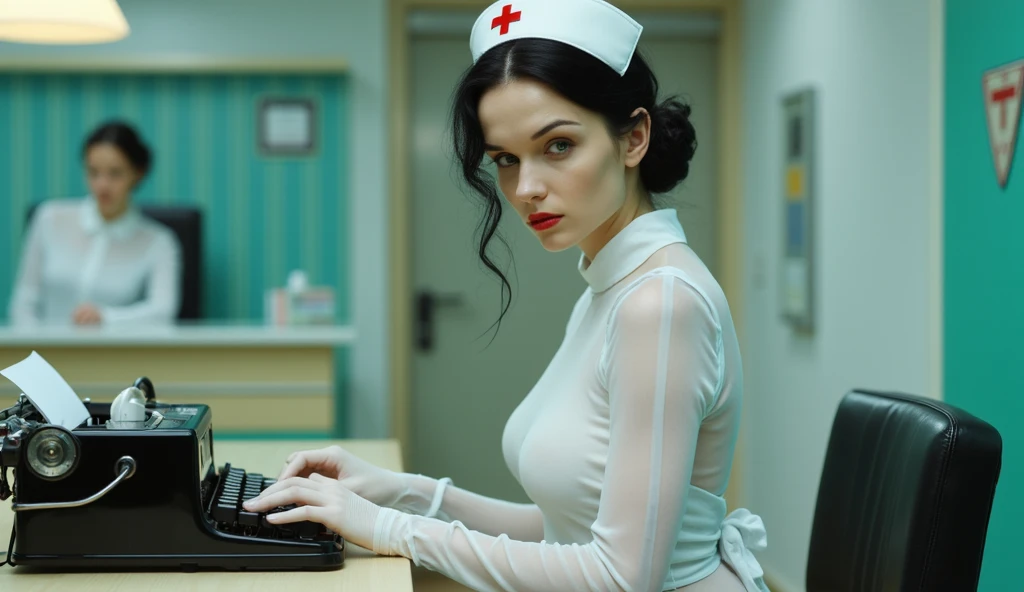 Photo of a dark-haired woman, in a slightly open nurse's uniform where you can see her navel in a hospital