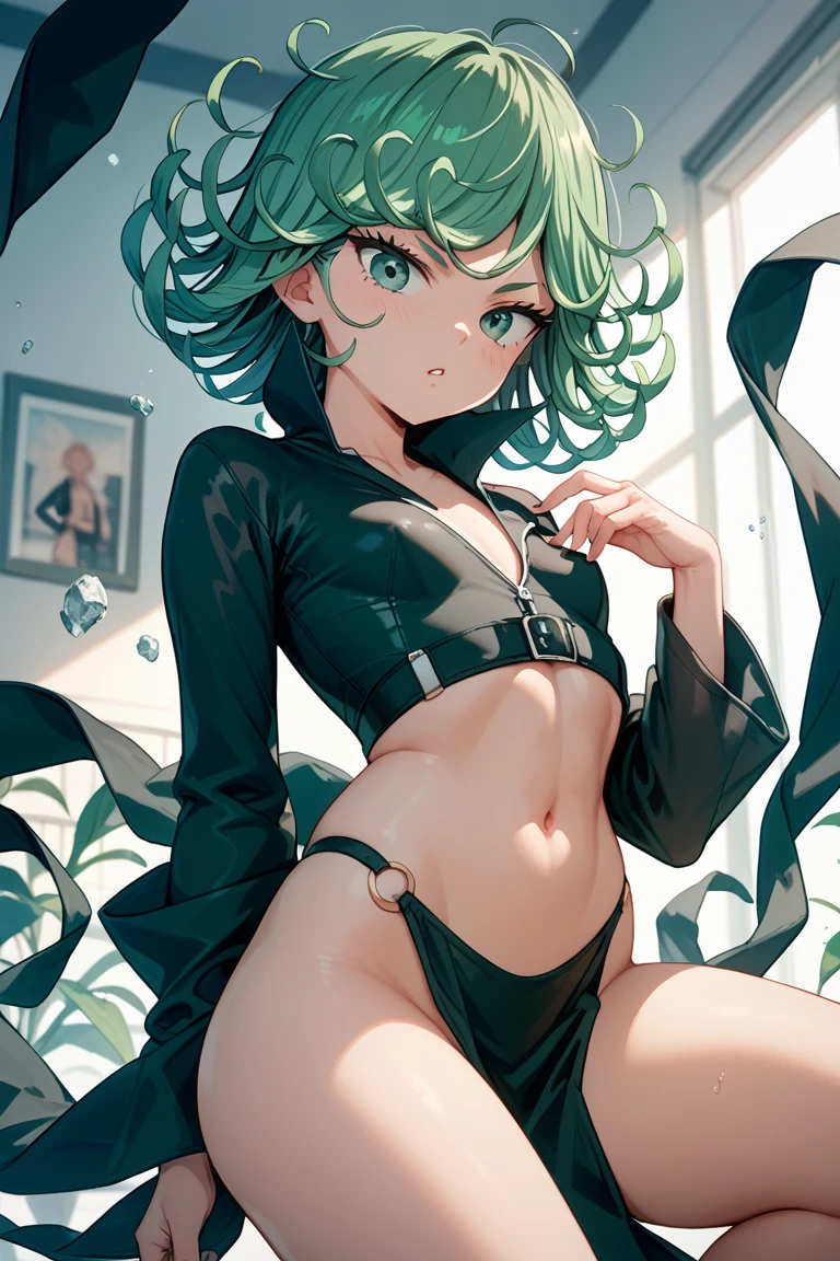 master part, best quality,(colorido), (olhos e rosto delicados), volumetric light, ray tracing, extremamente detalhado CG unidade 8k papel de parede, Tatsumaki, cabelos verdes, olhos verdes, black bikini, sbikini, In a bra, Tanga, pose cativante, Olhando para o Viewer, folded arms, medium breasts