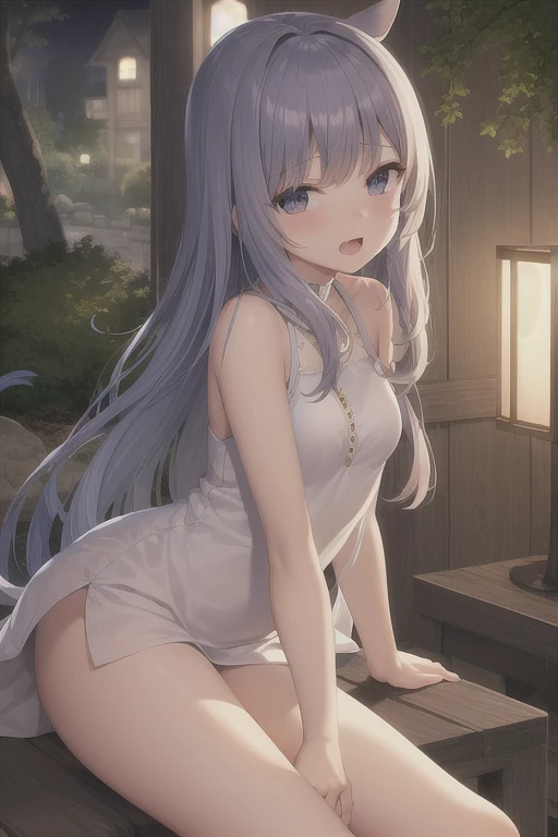 Masterpiece, Top Quality Anime Illustration, Super Detail, Single Girl, Solo, Beautiful Girl with Silver Hair, Anime Loli, Cat Ear Loli, See-through Yukata in Light Color Night Color, Short Yukata, Sleeveless, Smile, Thigh Focus, Butt Focus, Ass Protruding Posture, Onsen