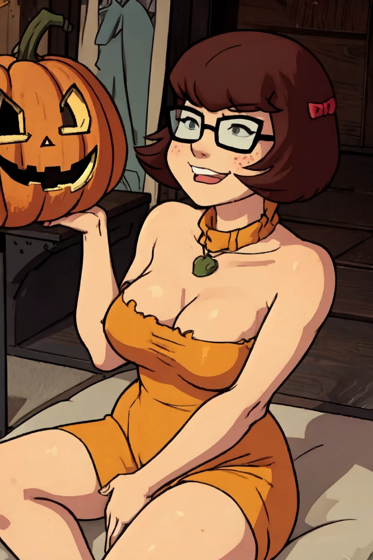 score_9, score_8_up, score_7_up, score_6_up, score_5_up, score_4_up, source_cartoon, realistic, 1 girl, voluptuous, voluptuous_body, velma, solo, teen, teen_woman, 1girl, breasts, sweater, brown_hair, glasses, moon, solo, orange_sweater, underwear, short_hair, navel, graveyard, clothes_lift, mature_female, jewelry, sweater_lift, bra, night, earrings, full_moon, turtleneck, tombstone, female_pubic_hair, huge_breasts, pubic_hair, panties, looking_at_viewer, black_bra, sky, sweat, brown_eyes, smile, night_sky, cleavage, lips, turtleneck_sweater, bikini, large_breasts, orange_shirt, swimsuit, black_panties
