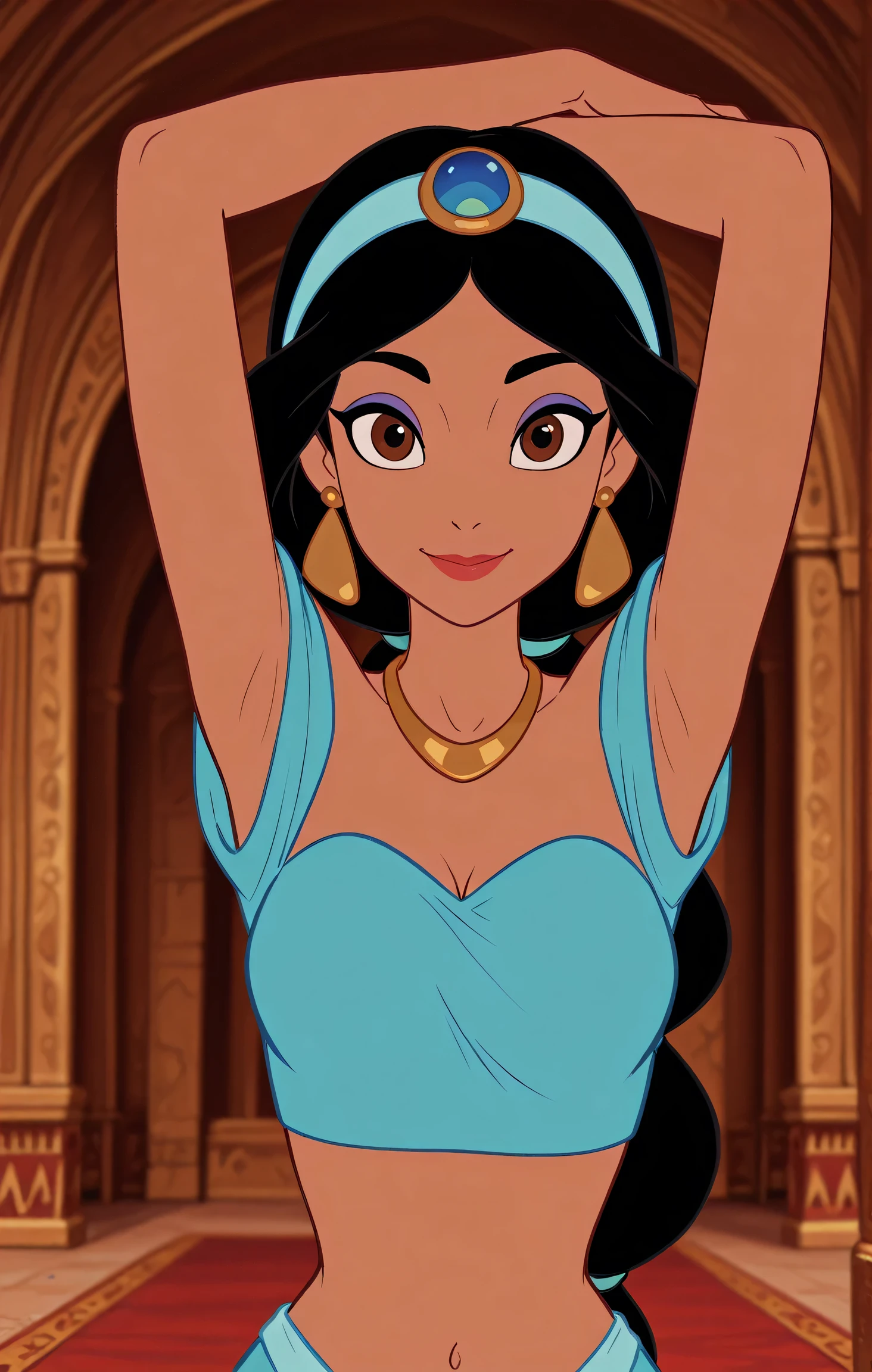 masterpiece, best quality, amazing quality, official style, flat color, blurry background, 1girl, solo, JasmineXL, long hair, black hair, multi-tied hair, brown eyes, dark skin, makeup, necklace, earrings, hairband, off-shoulder shirt, blue shirt, midriff, arabian clothes, arms up, raised arms, armpits, armpits focus, head towards viewer, (looking at viewer:1.1), smile, confident, indoors, palace 