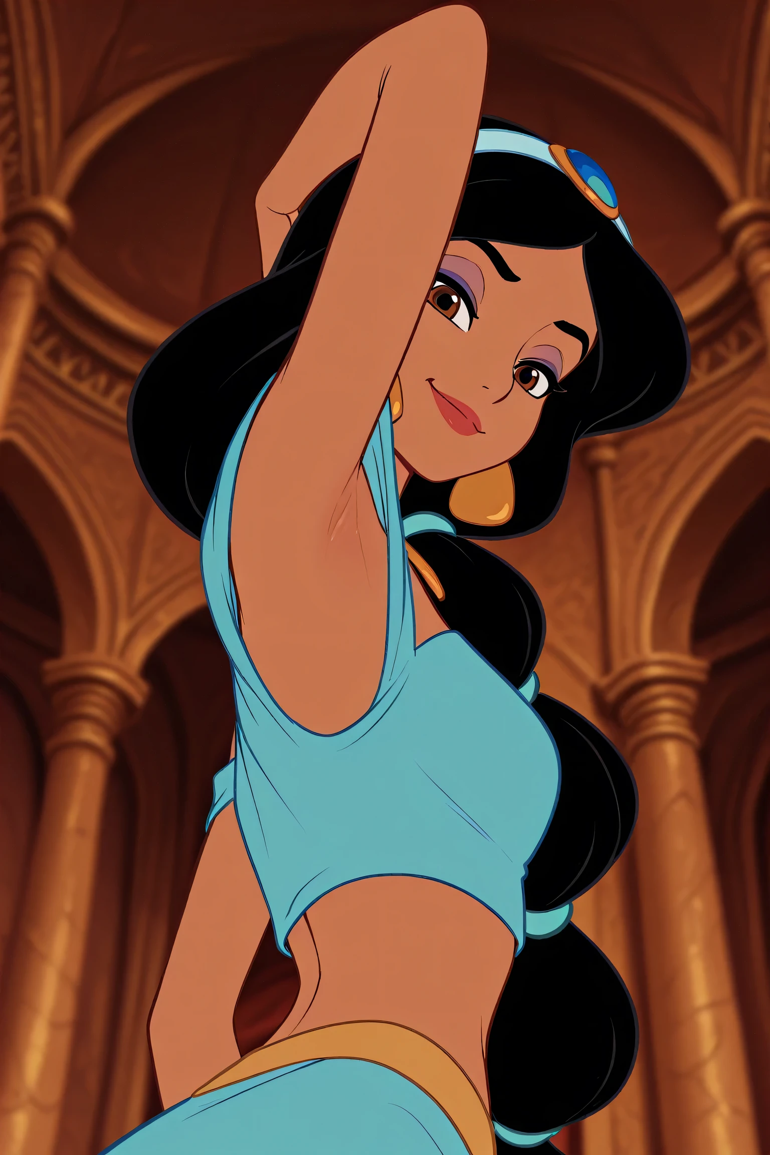 masterpiece, best quality, amazing quality, official style, flat color, blurry background, 1girl, solo, JasmineXL, long hair, black hair, multi-tied hair, brown eyes, dark skin, makeup, necklace, earrings, hairband, off-shoulder shirt, blue shirt, crop top, arabian clothes, arm up, raised arm, armpit, armpit focus, head towards viewer, (looking at viewer:1.1), smile, smug, confident, indoors, palace, from side, from below, from behind