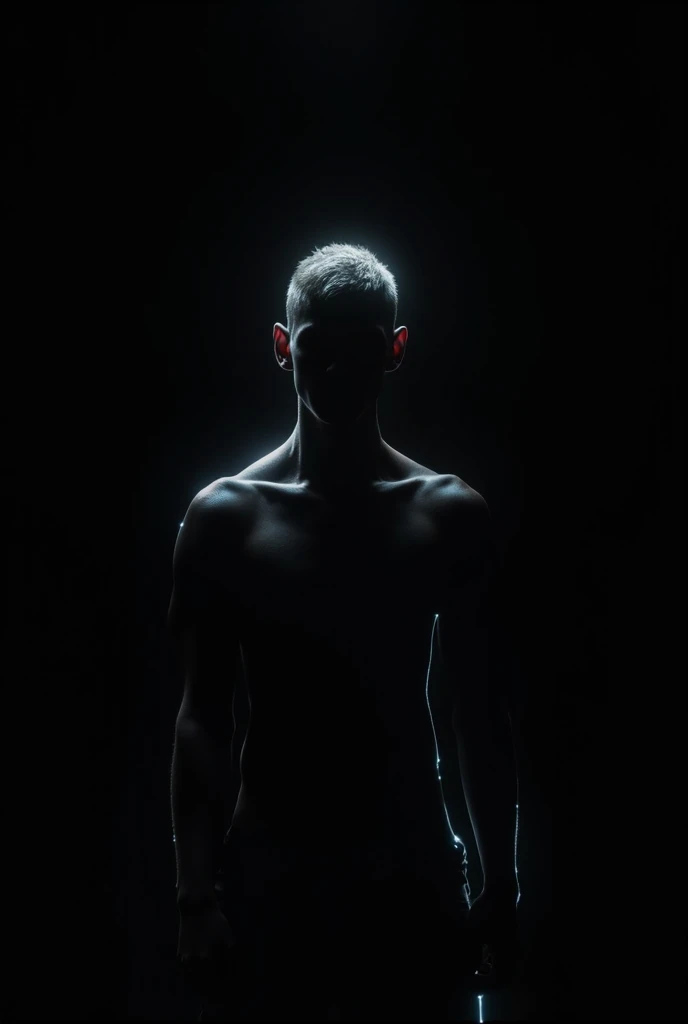 Black background with a male person only from the chest up in the middle of the screen with no face and no outline just the outline and no green hair looking to the left side, with a very light black outline