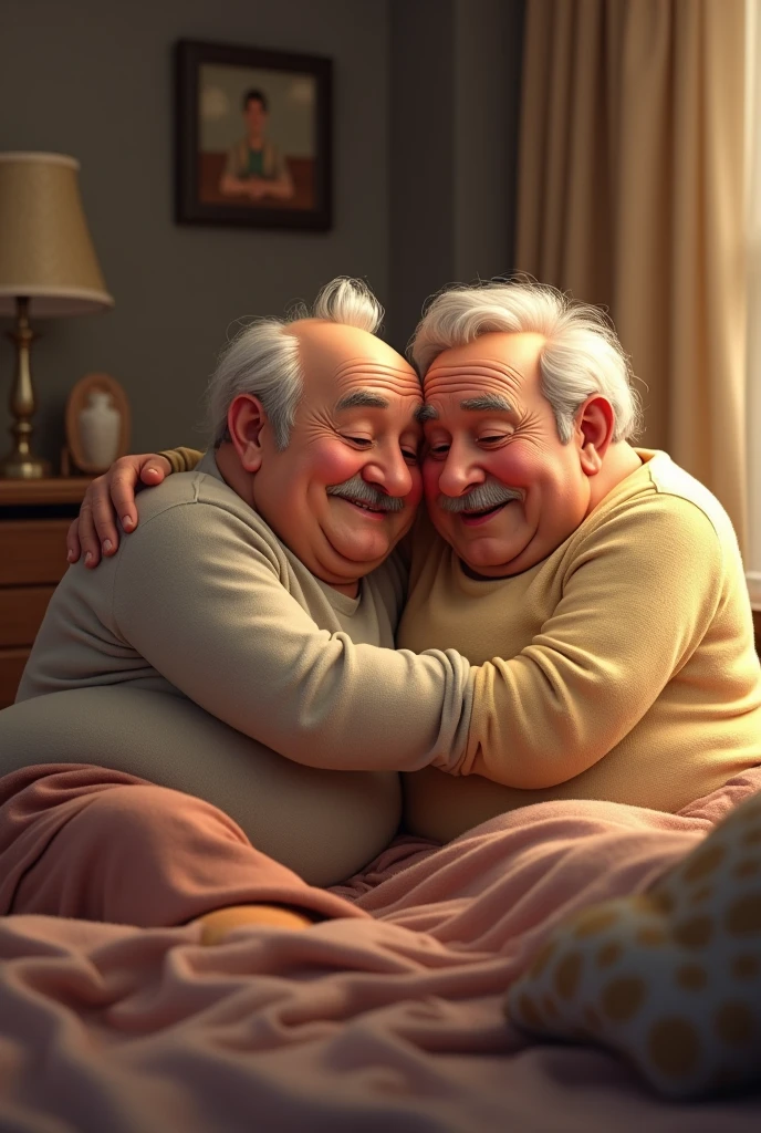 White bearded man with glasses aged 23 , kissing a 40 year old man. Pixar-style
