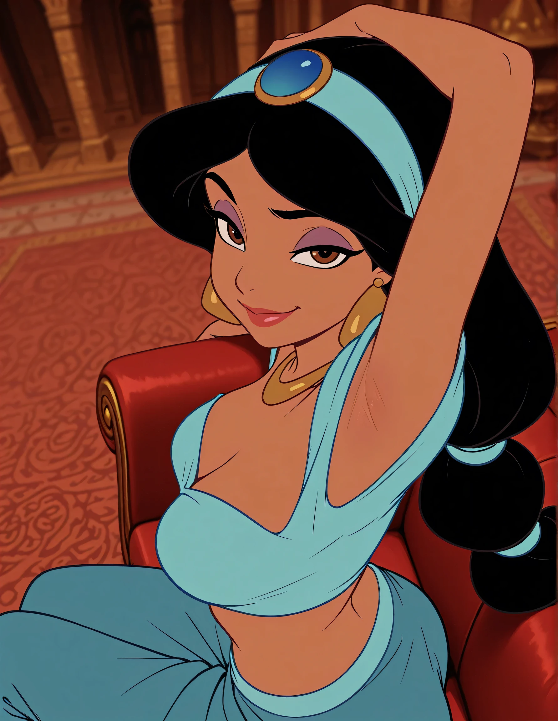 masterpiece, best quality, amazing quality, official style, flat color, blurry background, 1girl, solo, JasmineXL, long hair, black hair, multi-tied hair, brown eyes, dark skin, makeup, necklace, earrings, hairband, (off-shoulder shirt:1.2), blue shirt, crop top, arabian clothes, arm on own head, armpit, armpit focus, head towards viewer, (looking at viewer:1.1), smile, smug, half-closed eyes, confident, indoors, palace, from side, from above, sitting on a sofa, blue pants