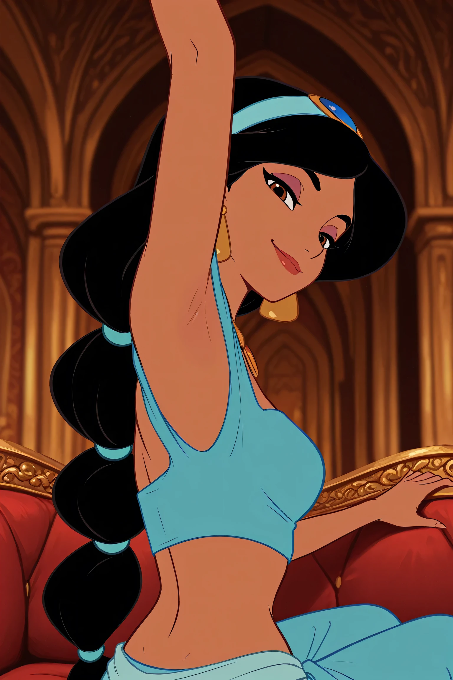 masterpiece, best quality, amazing quality, official style, flat color, blurry background, 1girl, solo, JasmineXL, long hair, black hair, multi-tied hair, brown eyes, dark skin, makeup, necklace, earrings, hairband, (off-shoulder shirt:1.2), blue shirt, crop top, arabian clothes, arm up, raised arm, armpit, armpit focus, head towards viewer, (looking at viewer:1.1), smile, smug, half-closed eyes, confident, indoors, palace, from side, from behind, sitting on a sofa, blue pants 